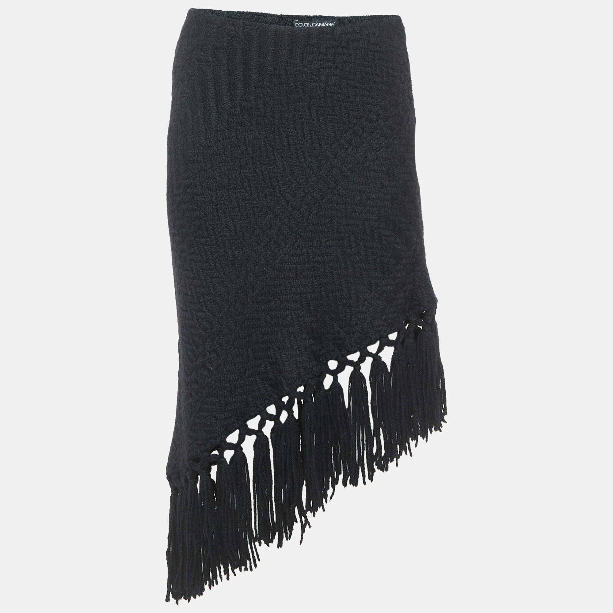 Dolce & Gabbana Black Patterned Wool Fringe Detail Asymmetric Skirt S
