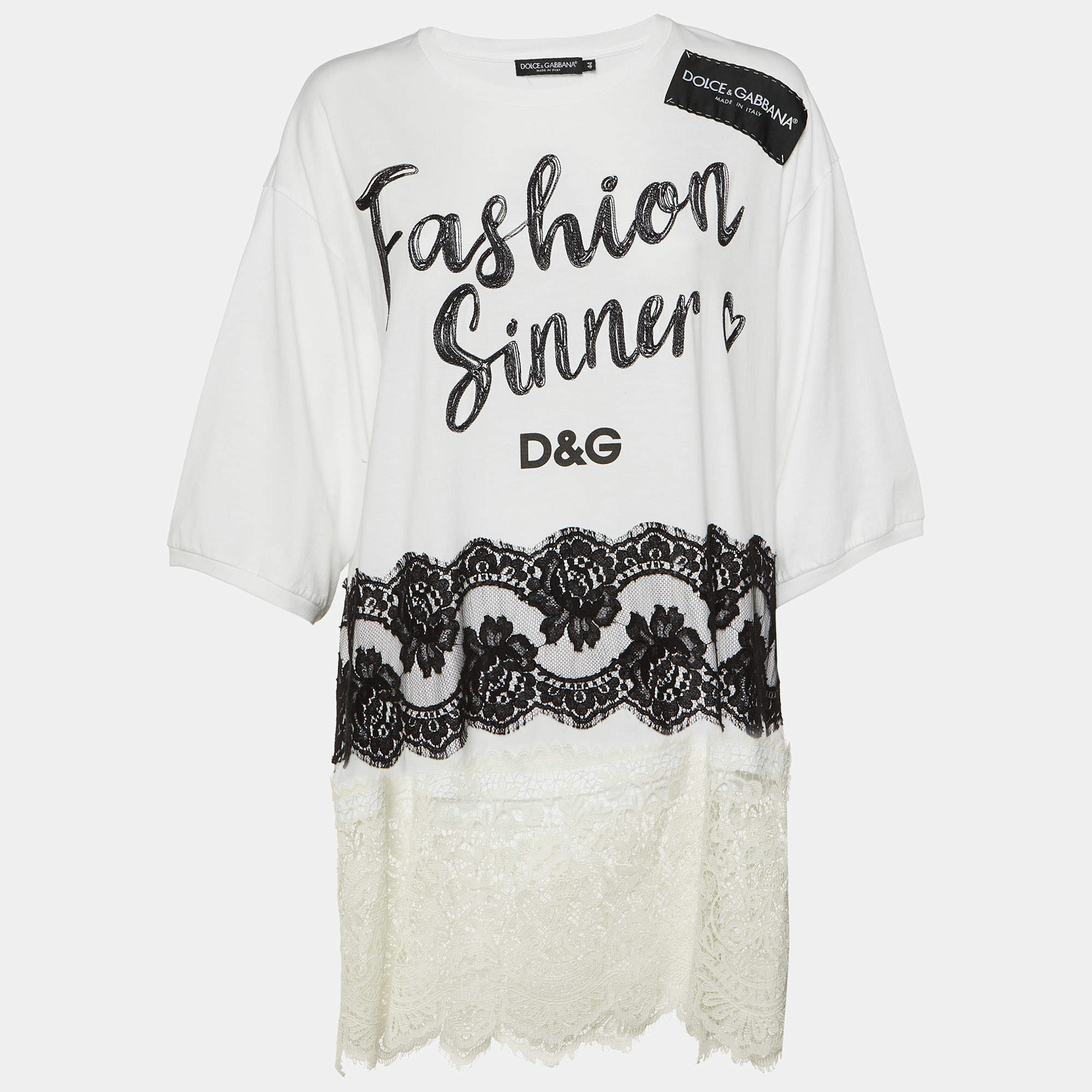 Pre Owned Dolce & Gabbana Monochrome Cotton Lace Trim Tunic M