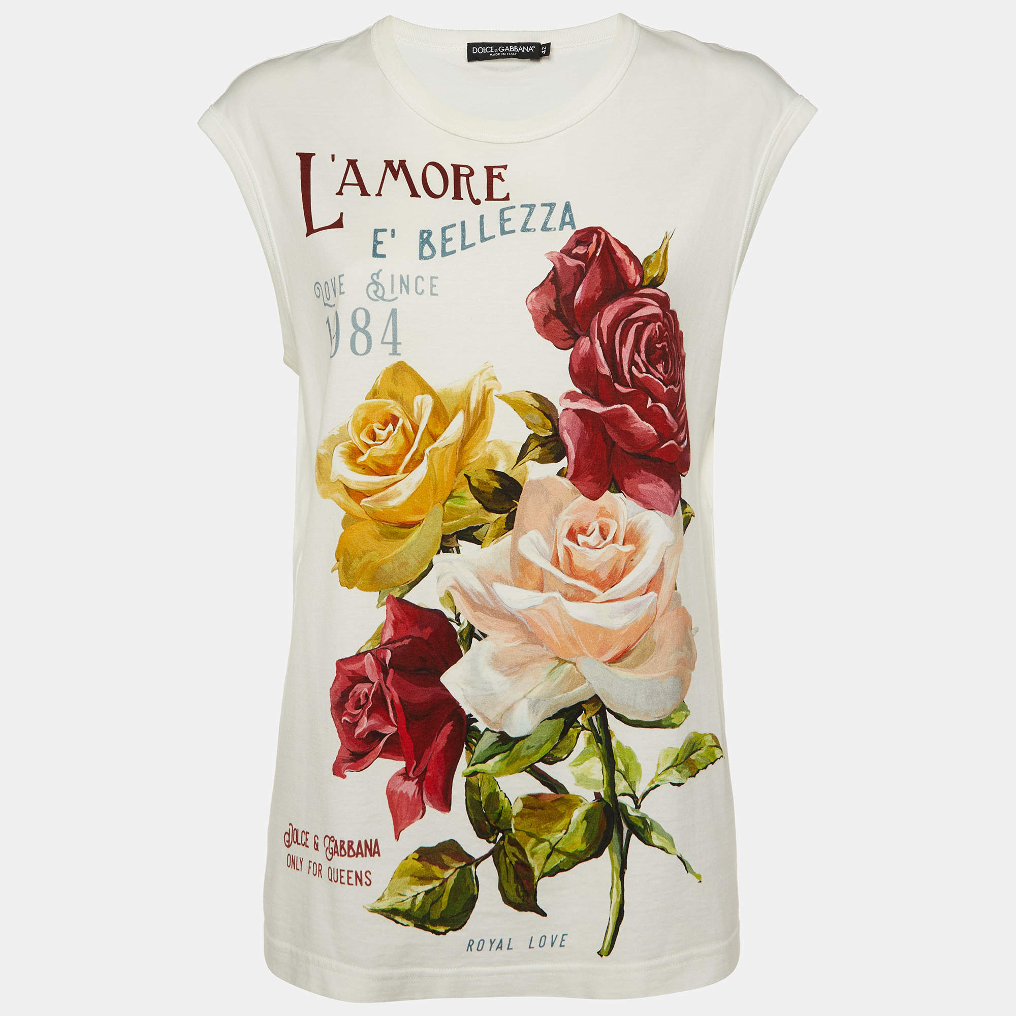 Pre Owned Dolce & Gabbana White L'amore e Bellezza Print Cotton Sleeveless T-Shirt M