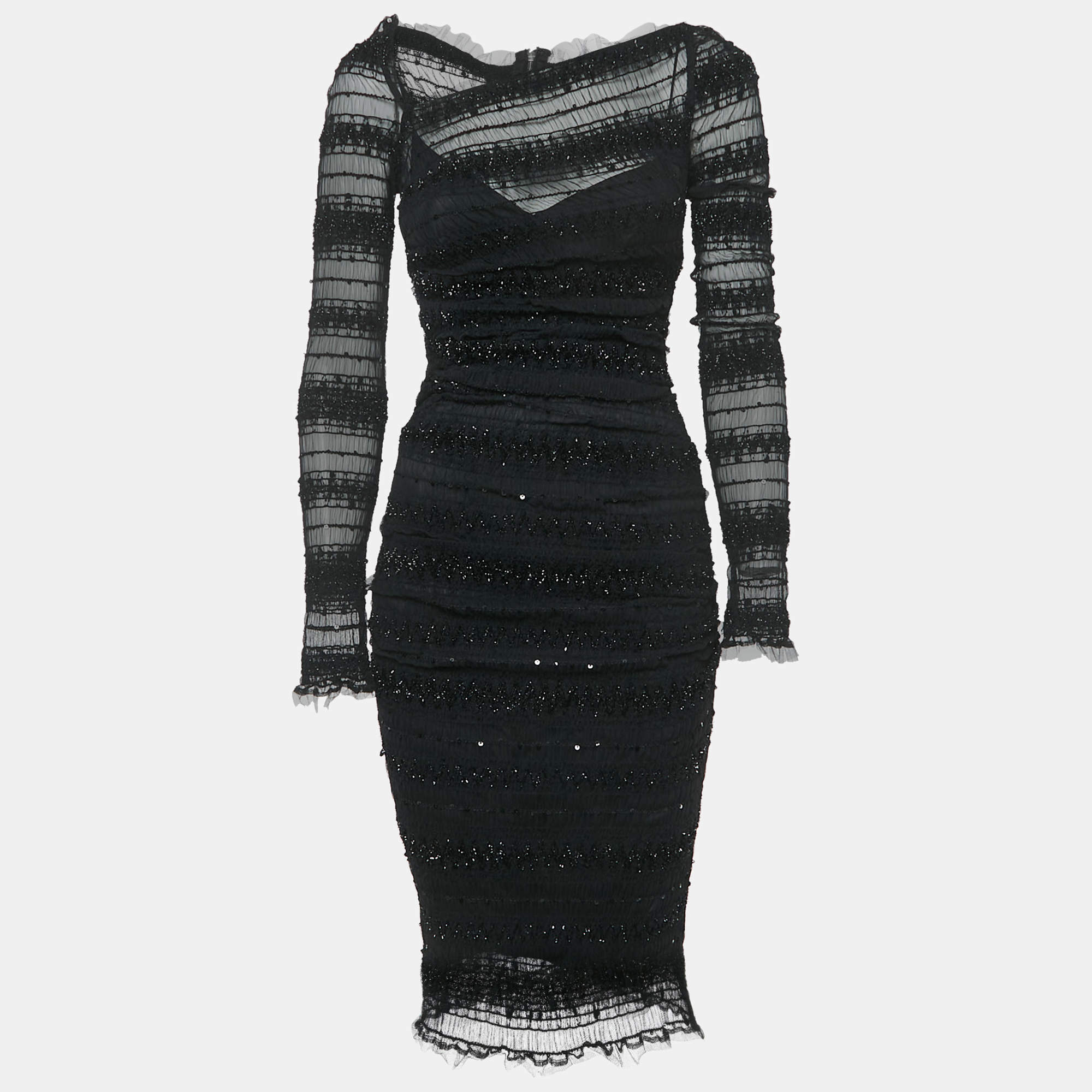 Pre Owned Dolce & Gabbana Black Sequin Tulle Ruched Midi Dress M