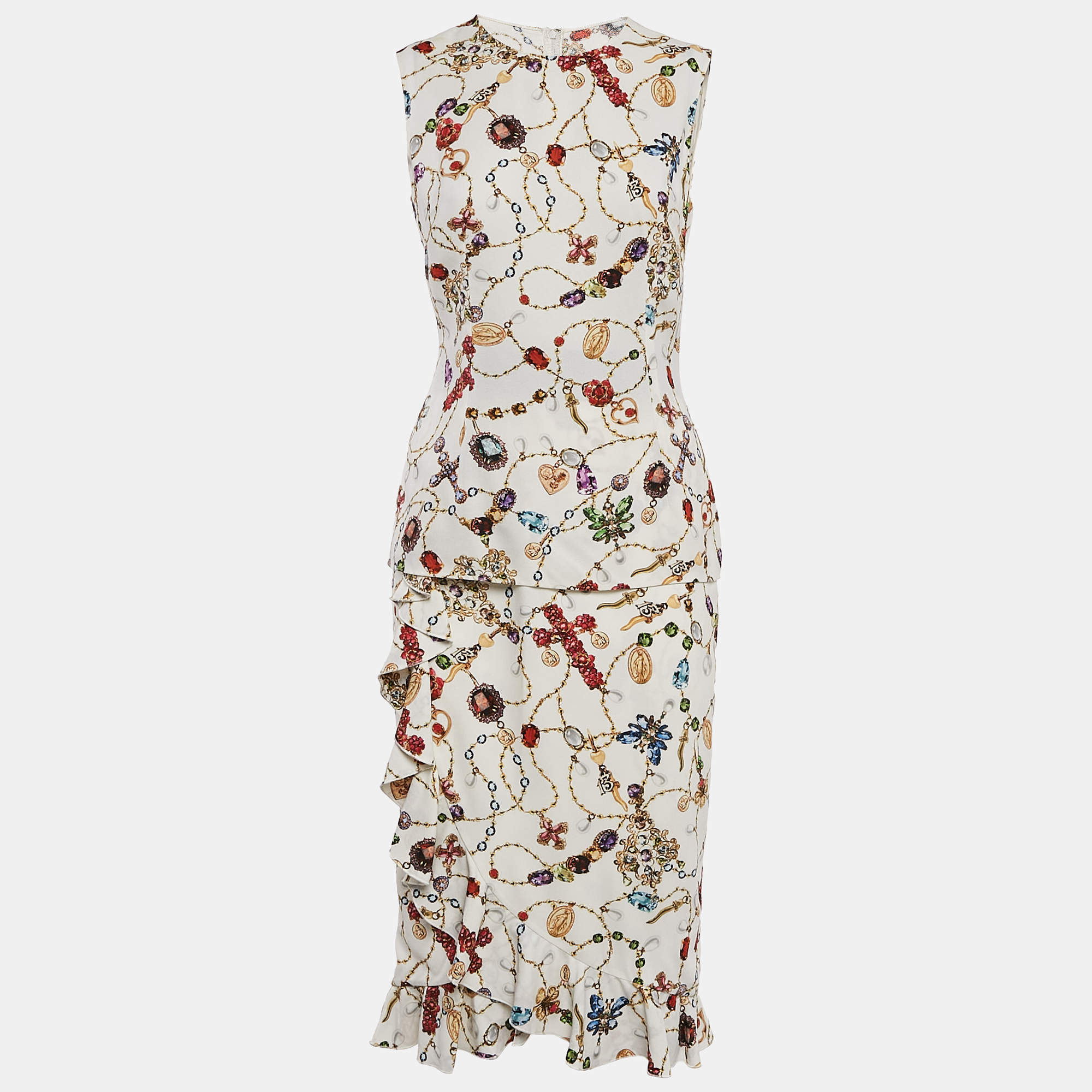 Dolce & Gabbana White Jewel Print Crepe Ruffled Skirt and Top Set S