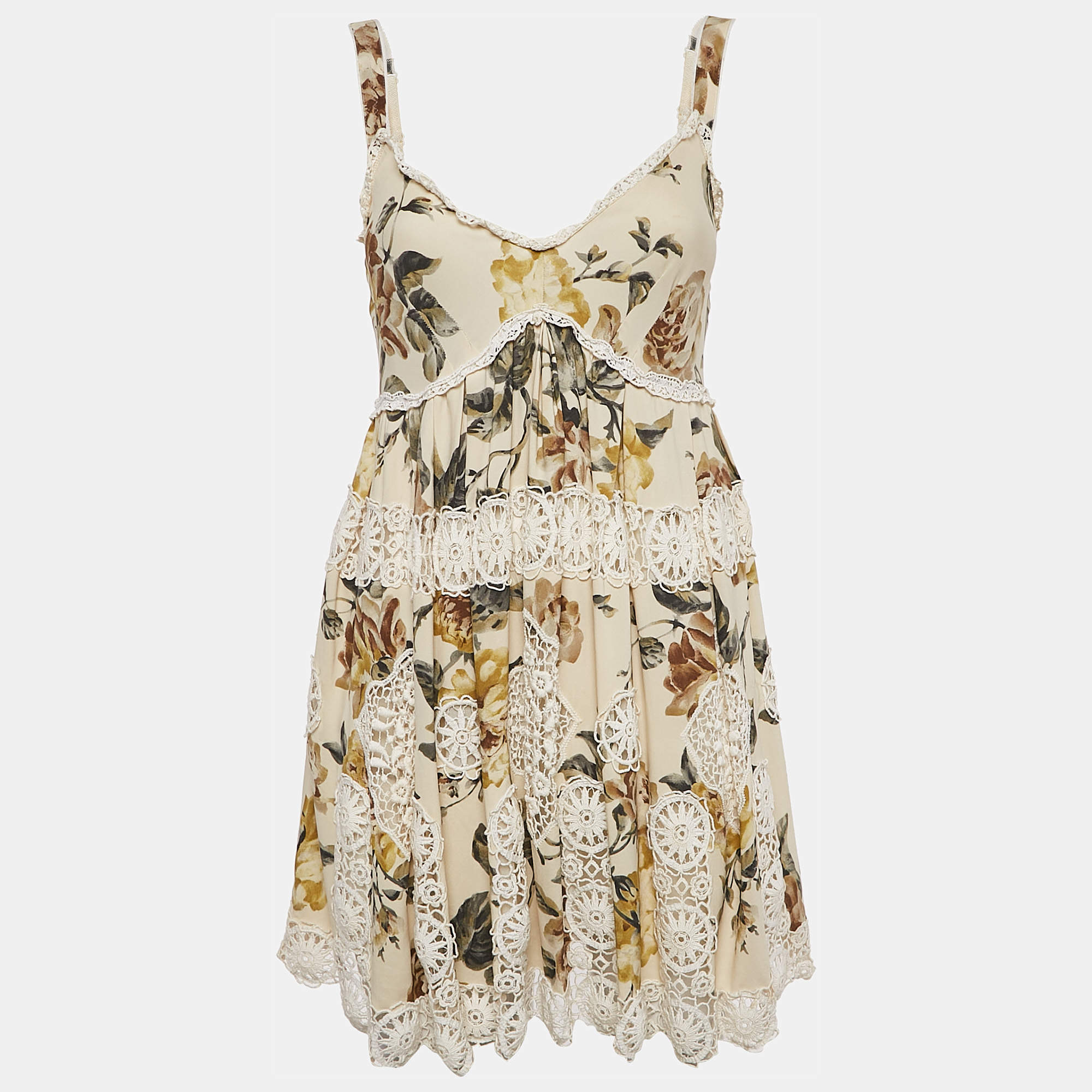 Pre Owned Dolce & Gabbana Beige Floral Print Lace Trim Cotton Blend Mini Dress S