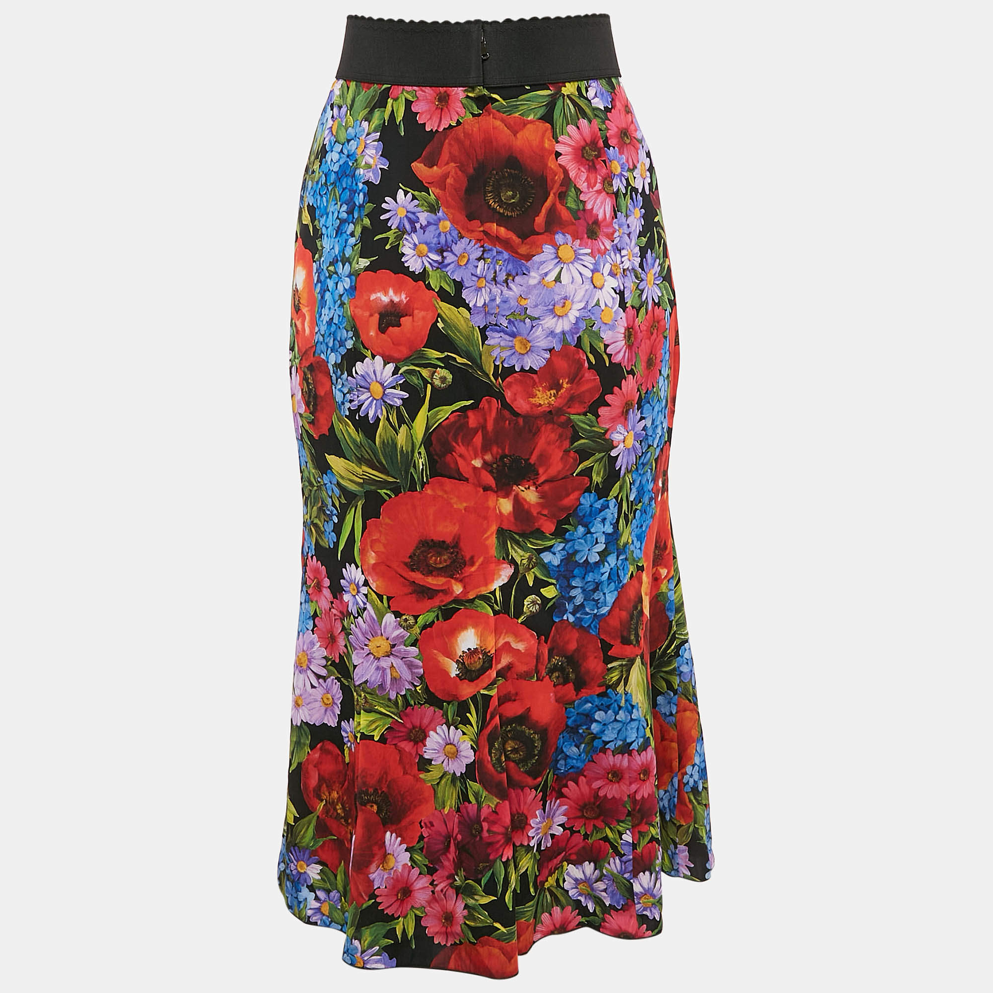 Pre Owned Dolce & Gabbana Black/Red Floral Print Silk Flared Midi Skirt M