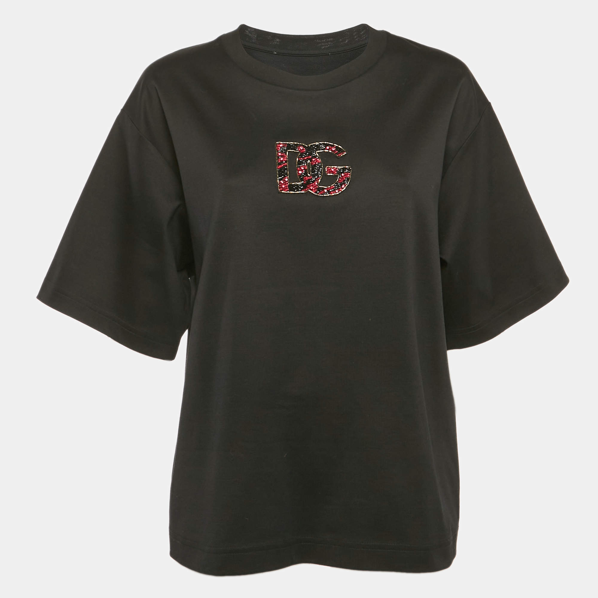 Pre Owned Dolce & Gabbana Black Logo Embellished Jersey T-Shirt M
