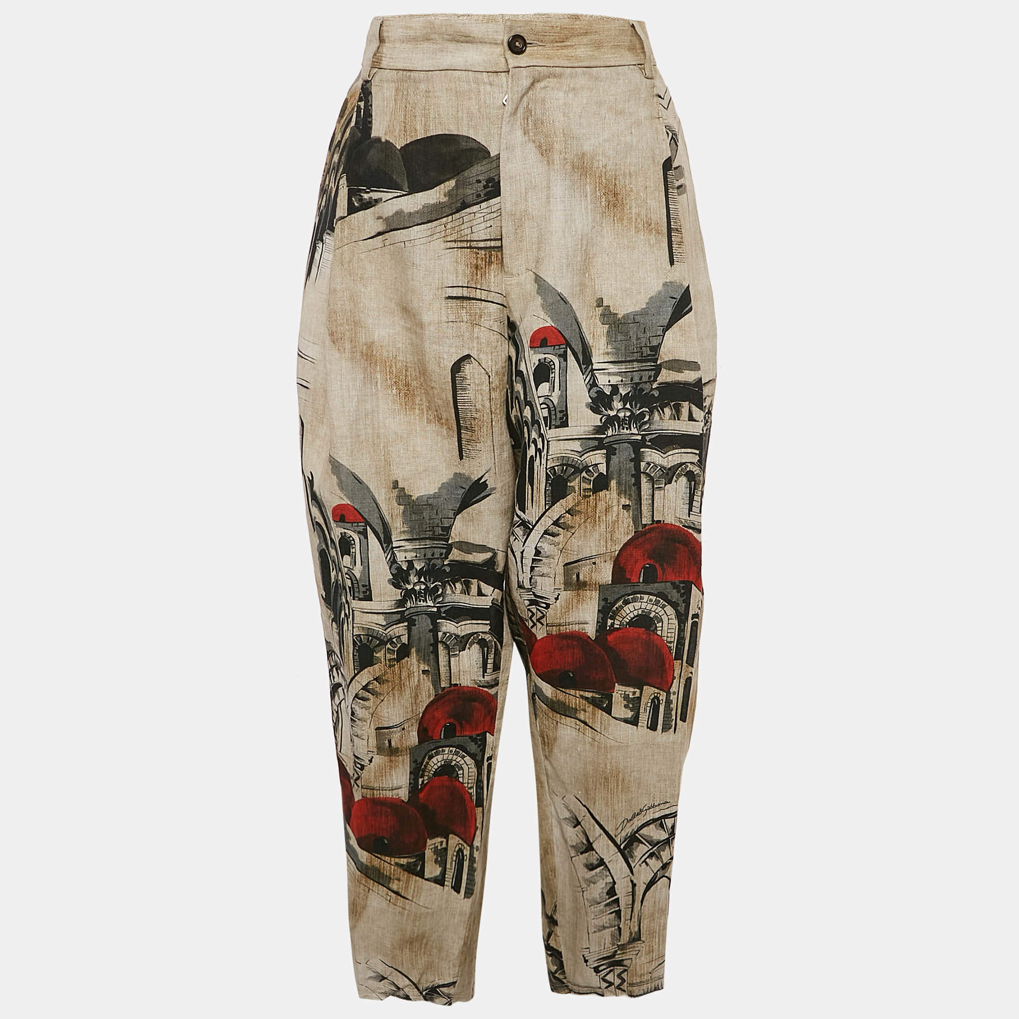 Pre Owned Dolce & Gabbana Beige Printed Linen Pleated Trousers XL