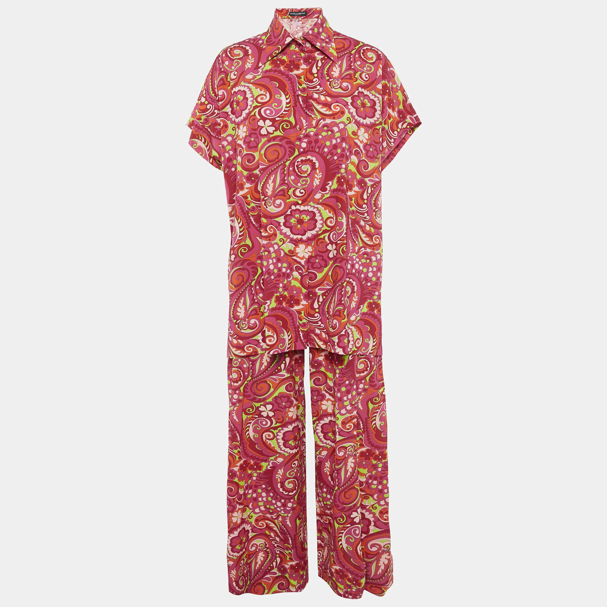 Pre Owned Dolce & Gabbana Pink Floral Print Silk Shirt and Trousers Set S