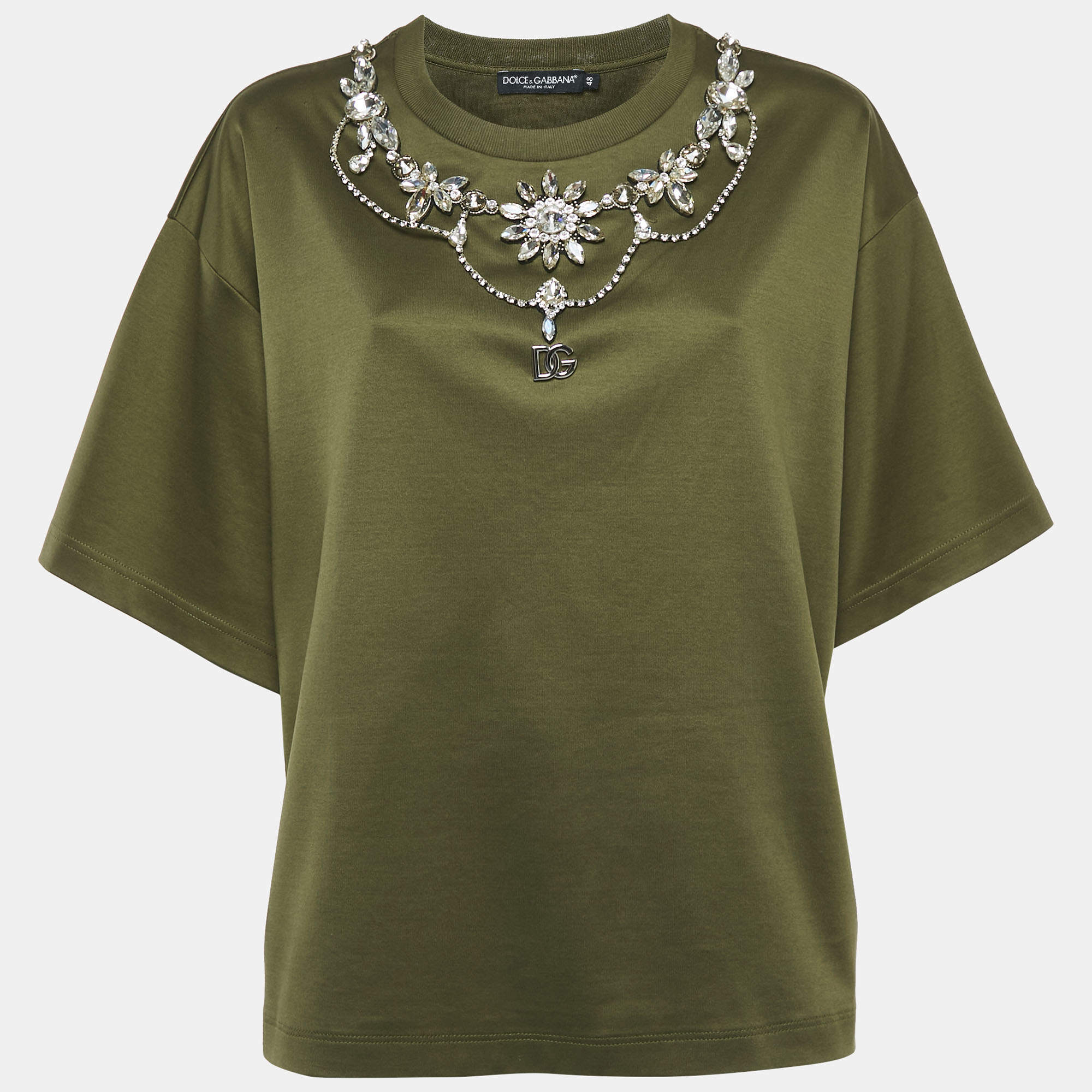 Pre Owned Dolce & Gabbana Olive Green Cotton Stud Embellishment Detail Crew Neck T-Shirt L