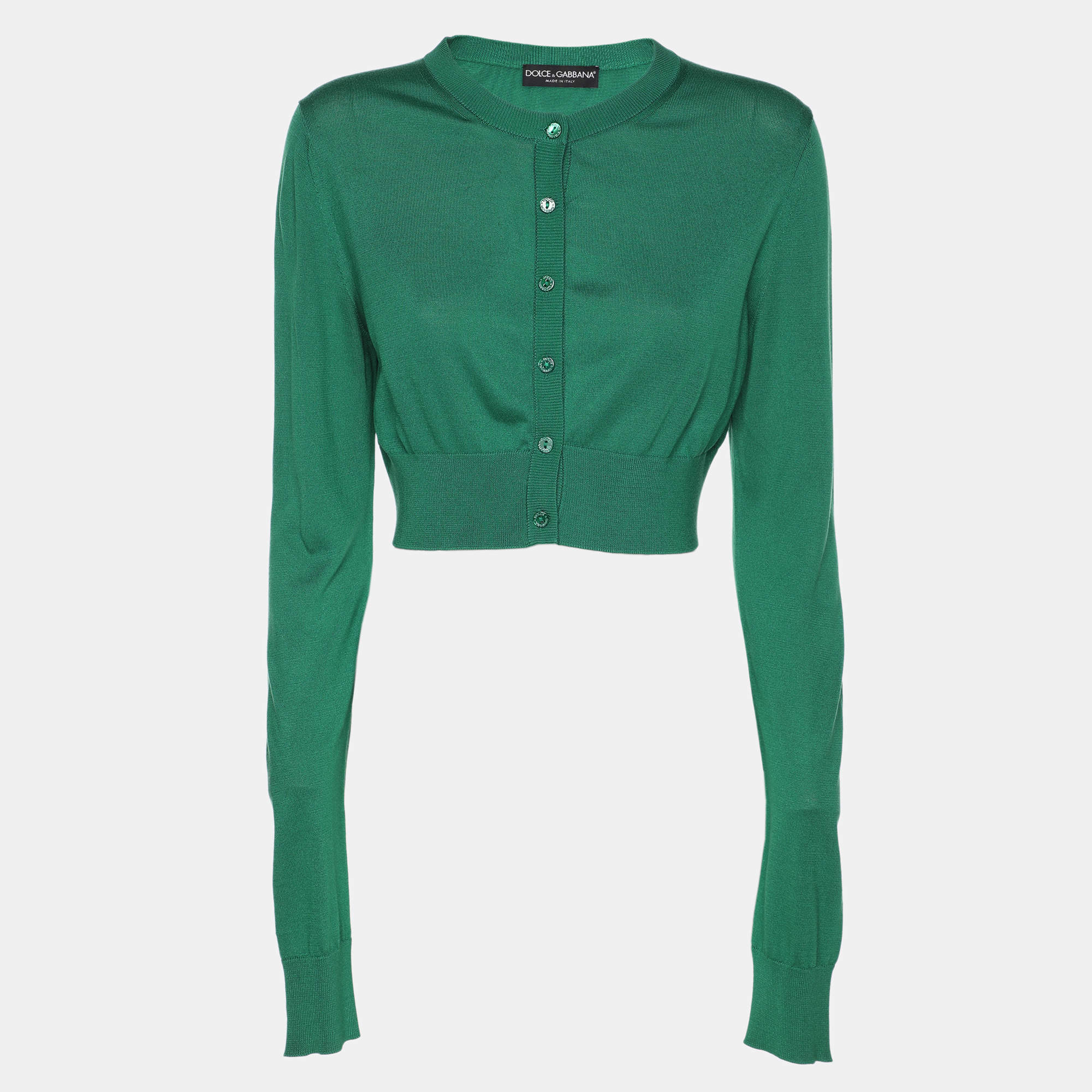 Pre Owned Dolce & Gabbana Green Silk Rib Knit Button Front Cropped Cardigan S