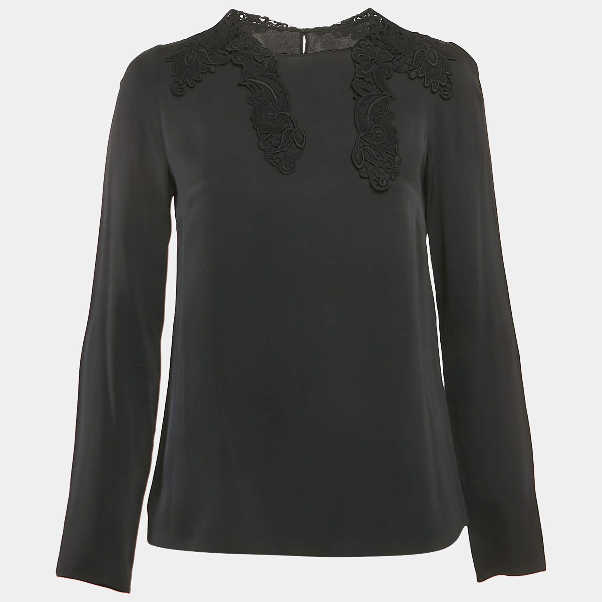 Pre Owned Dolce & Gabbana Black Lace Trim Stretch Silk Long Sleeve Top S