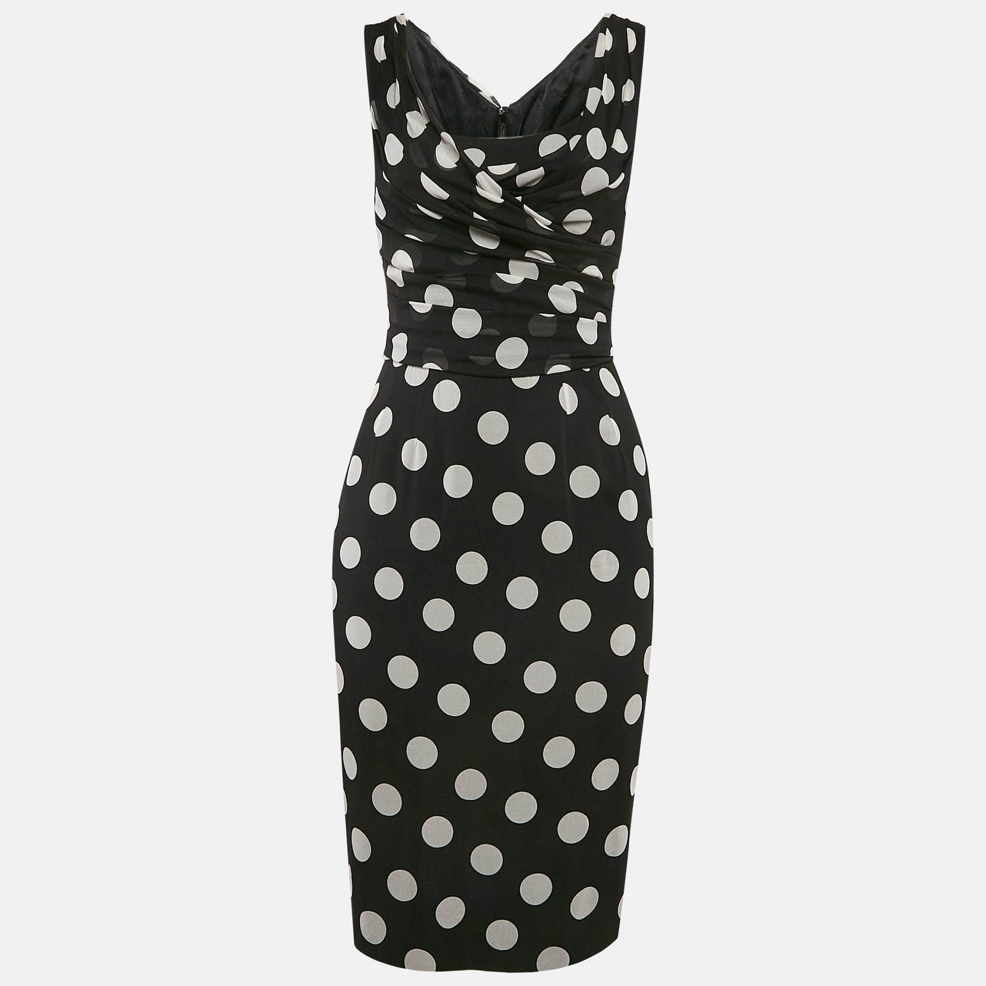 Pre Owned Dolce & Gabbana Black Polka Dot Silk Draped Sleeveless Short Dress S