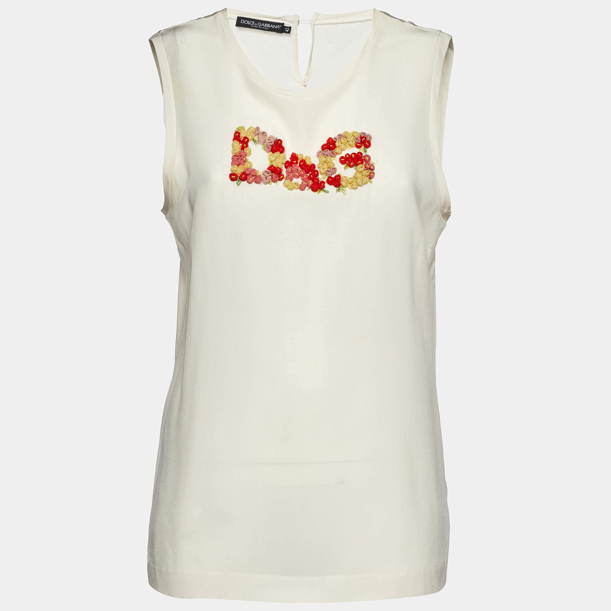 Pre Owned Dolce & Gabbana Cream Silk Floral Logo Detail Sleeveless Top M