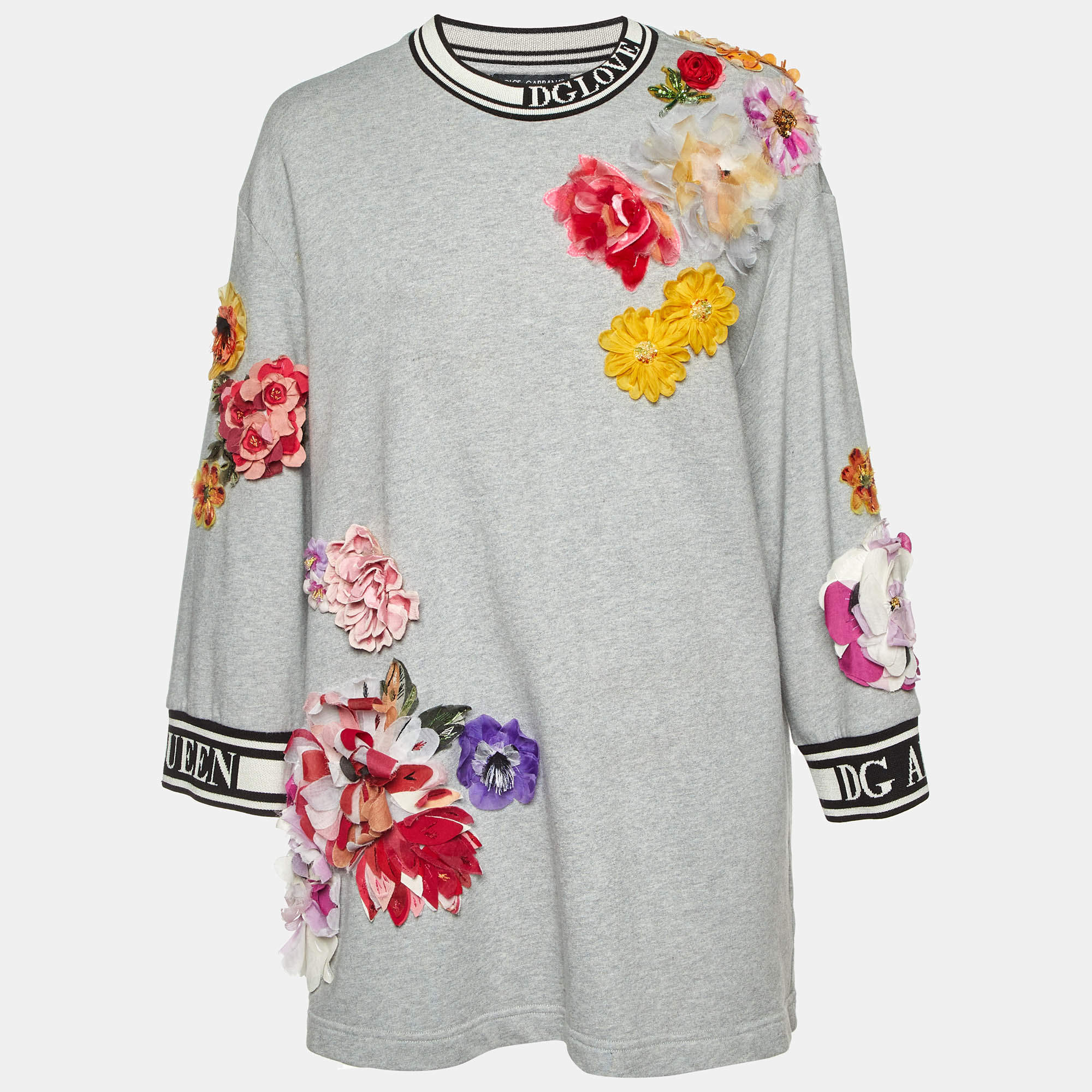 Pre Owned Dolce & Gabbana Grey Cotton Floral Appliqued Crew Neck Sweatshirt M