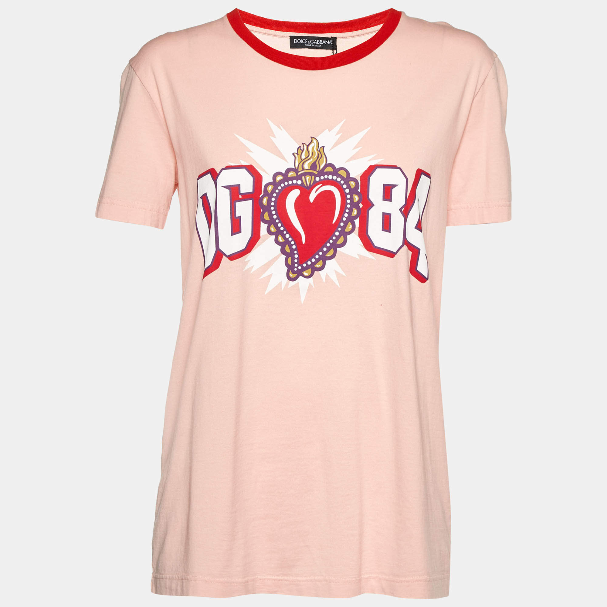 Pre Owned Dolce & Gabbana Pink Printed Cotton Crew Neck T-Shirt S