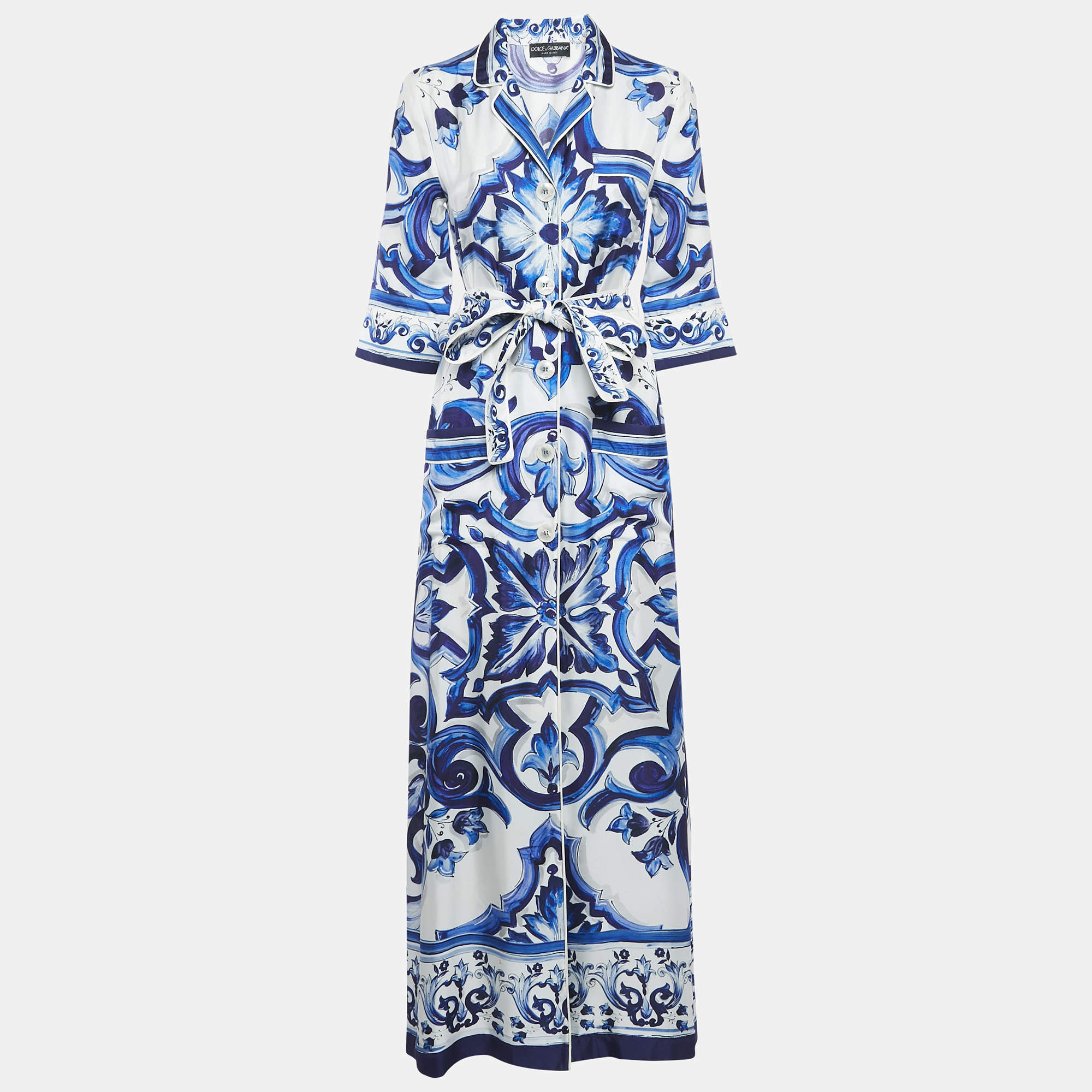 Pre Owned Dolce & Gabbana White/Blue Majolica Print Silk Shirt Dress XS