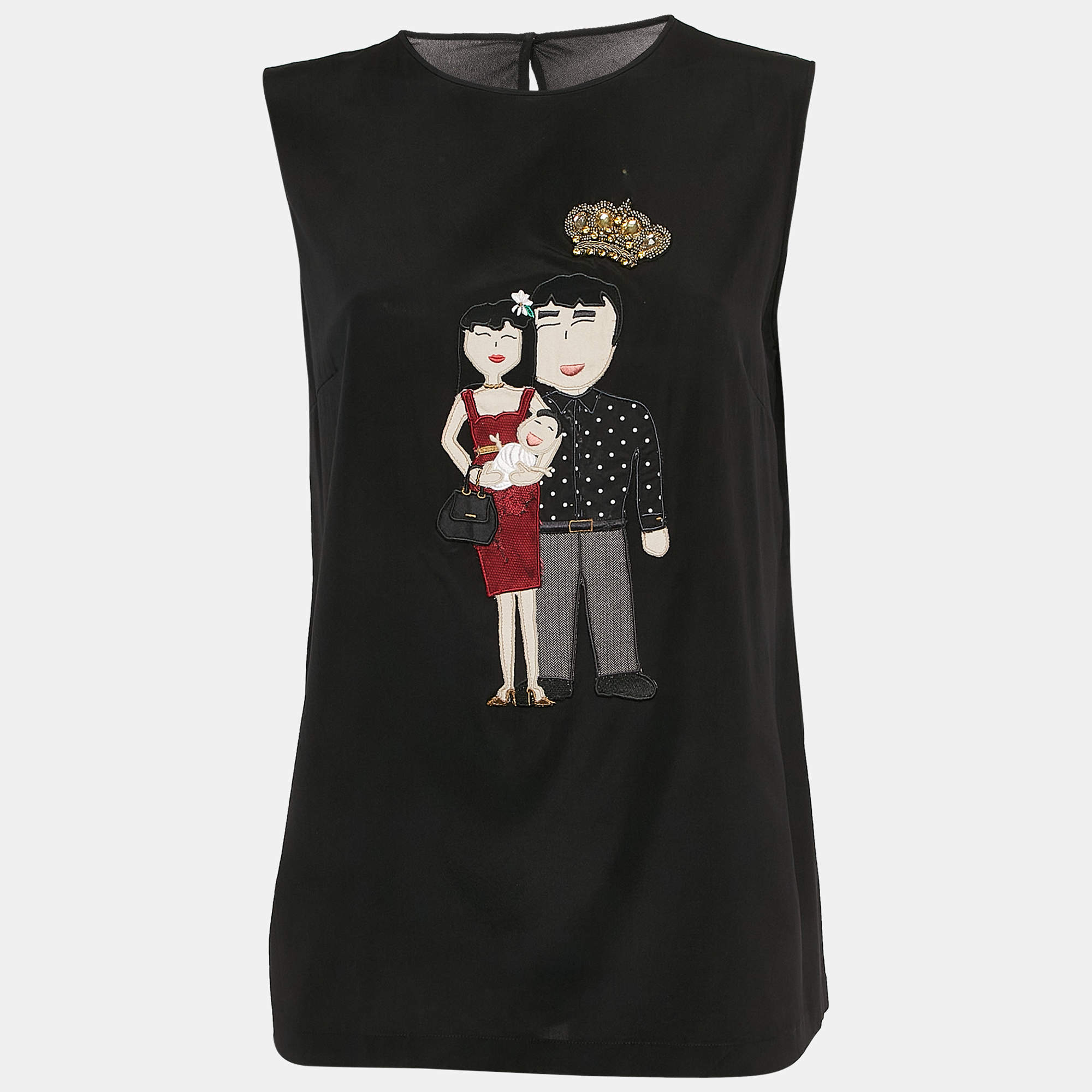 Pre Owned Dolce & Gabbana Black DG Family Applique Silk Sleeveless Top M
