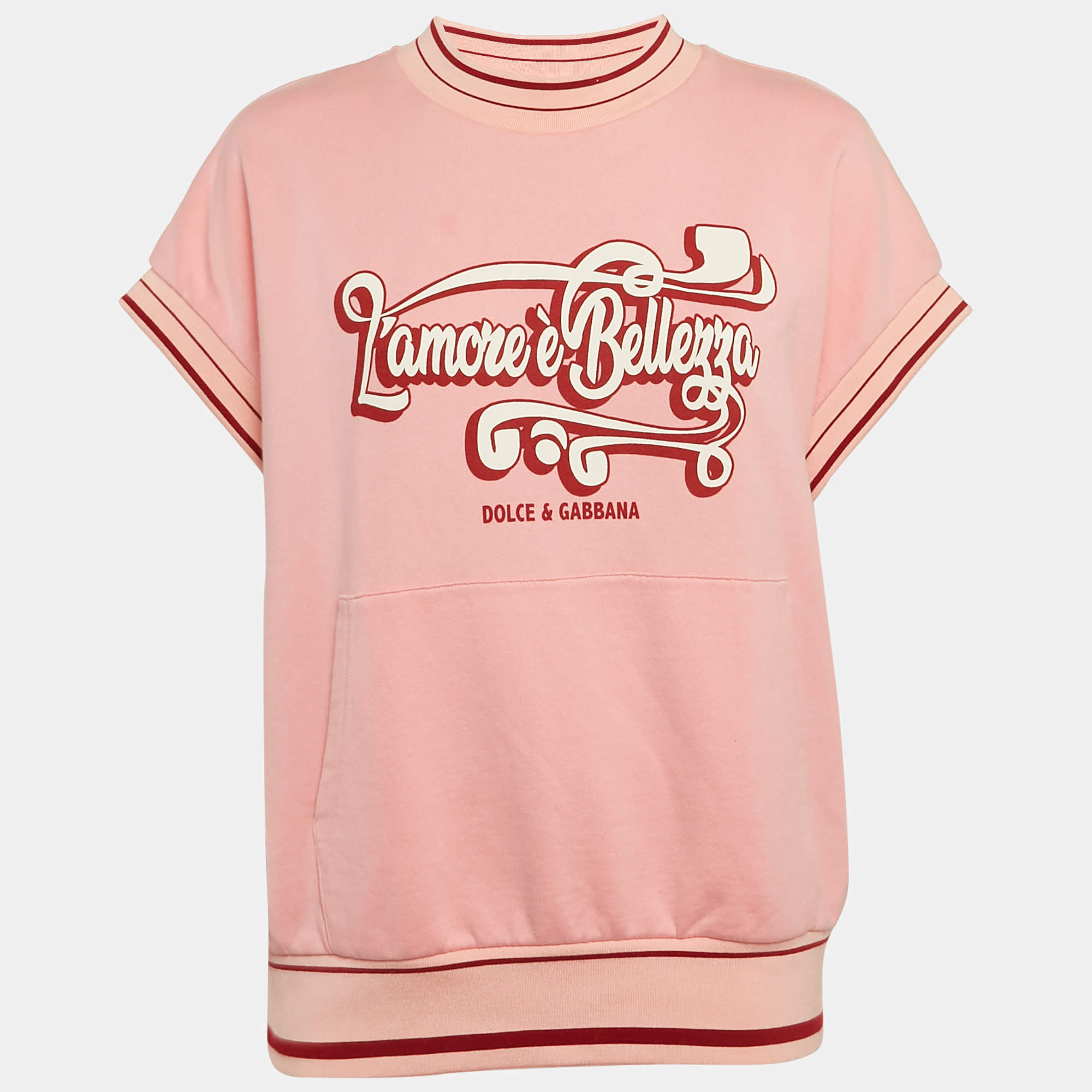 Pre Owned Dolce & Gabbana Pink Printed Cotton Contrast Trim Detail Crew Neck T-Shirt S