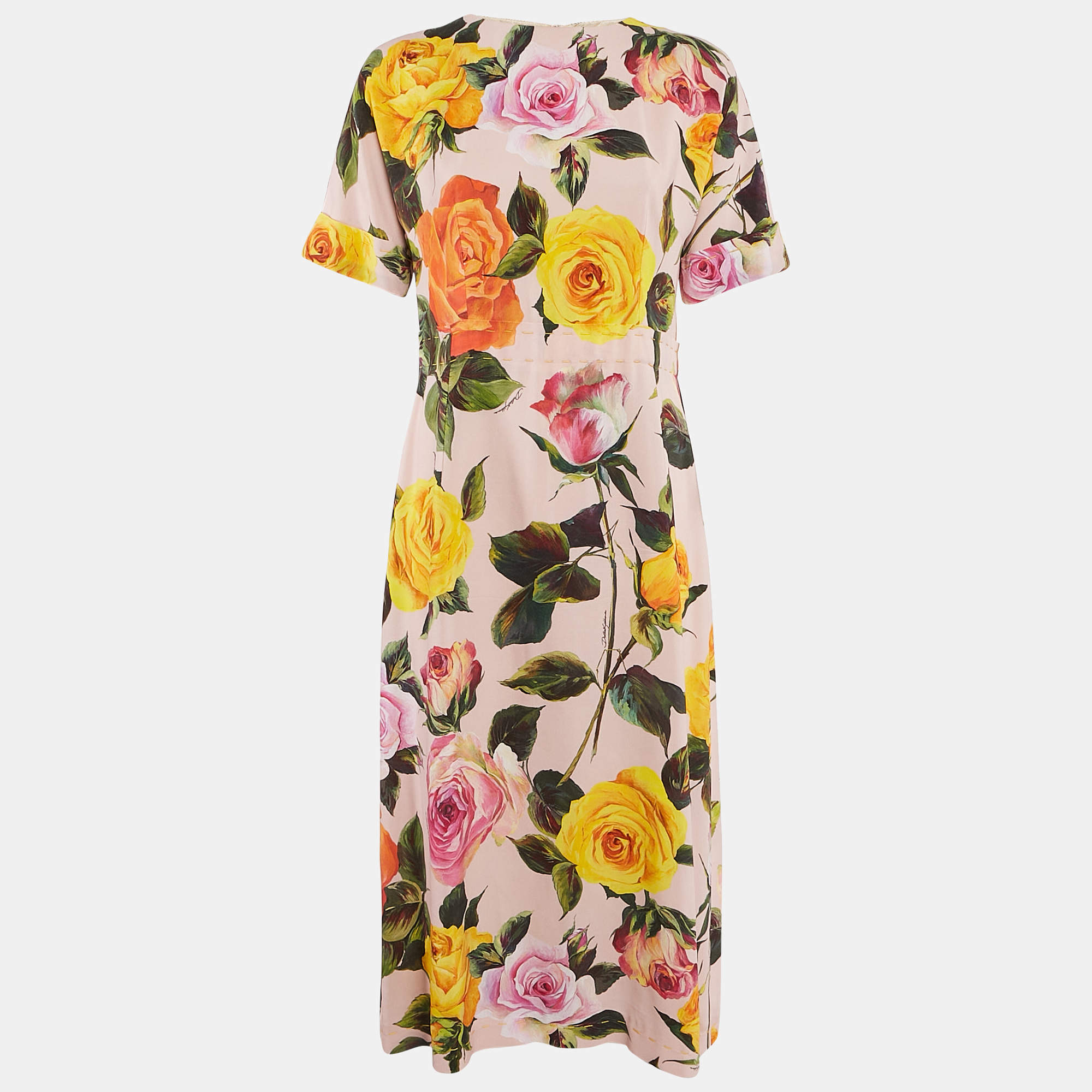 Pre Owned Dolce & Gabbana Pink/Multicolor Floral Print Crepe Button Detail Midi Dress M