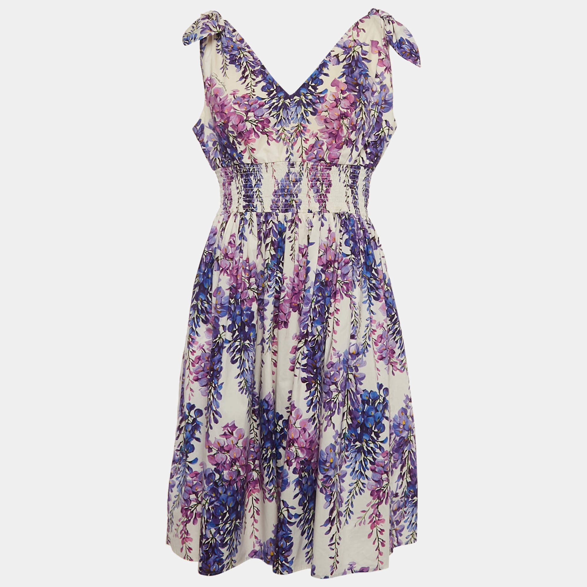 Pre Owned Dolce & Gabbana Floral Print Cotton Tie-Up Shoulder Detail Smocked Short Dress L