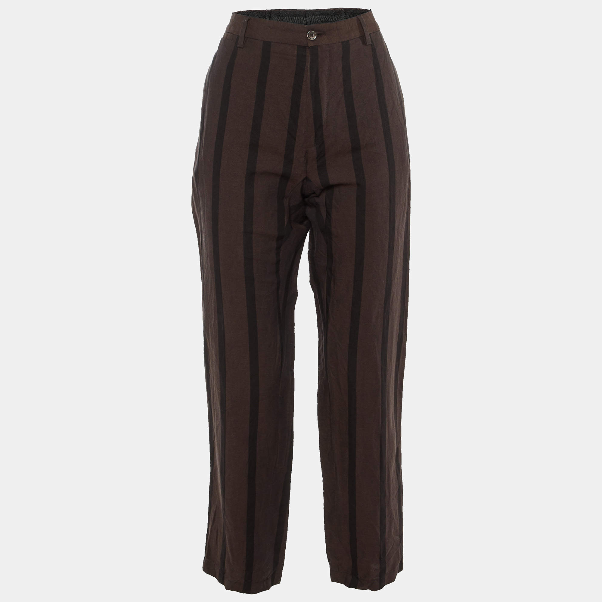 Pre Owned Dolce & Gabbana Brown Striped Linen Trousers M