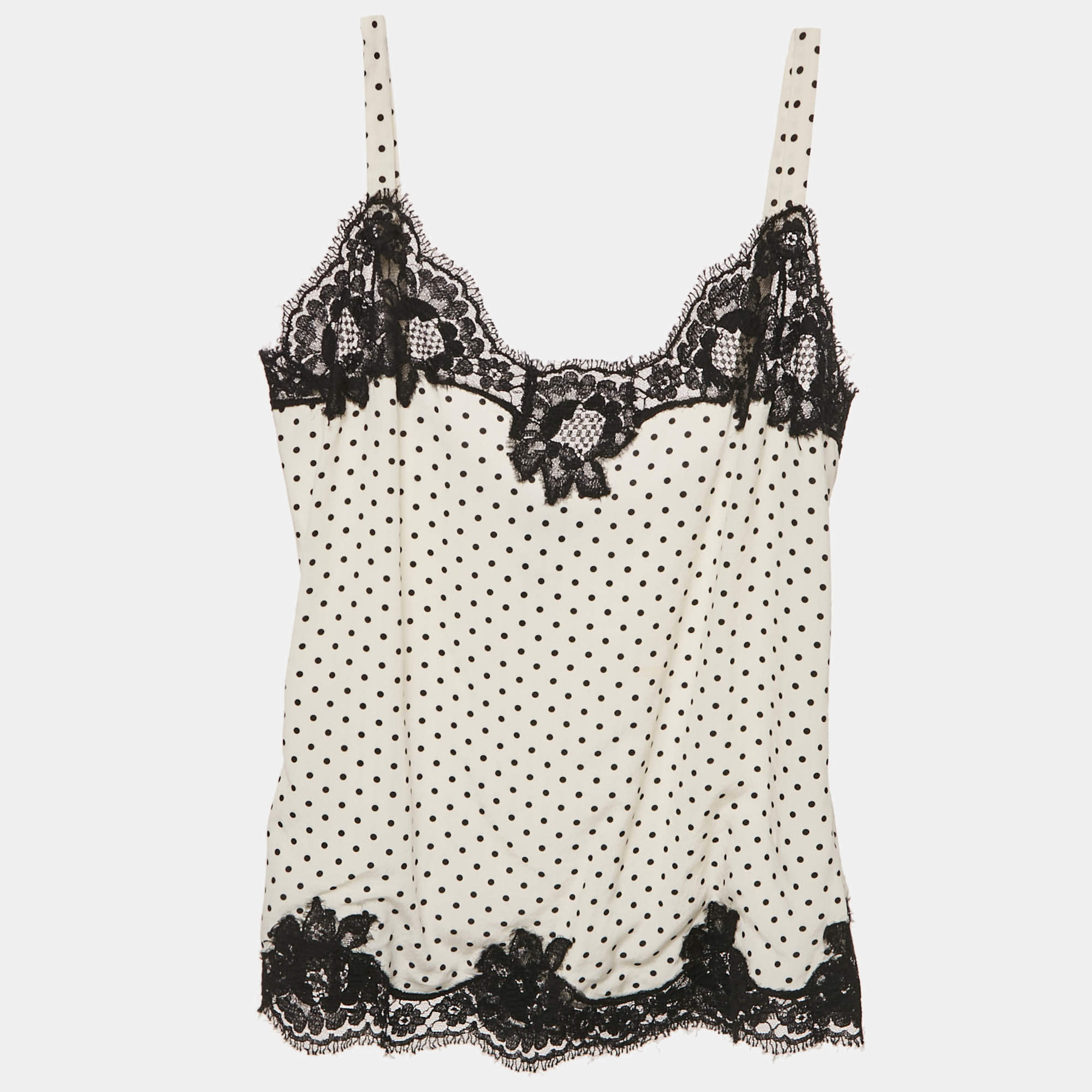 Pre Owned Dolce & Gabbana White Polka Dots Print Silk and Lace Trim Camisole M
