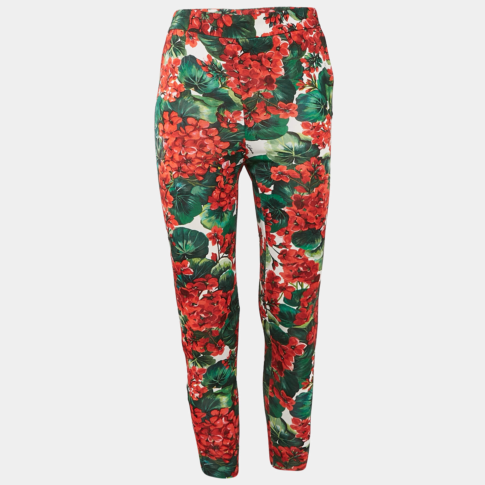 Pre Owned Dolce & Gabbana White/Red Floral Print Jersey Leggings M
