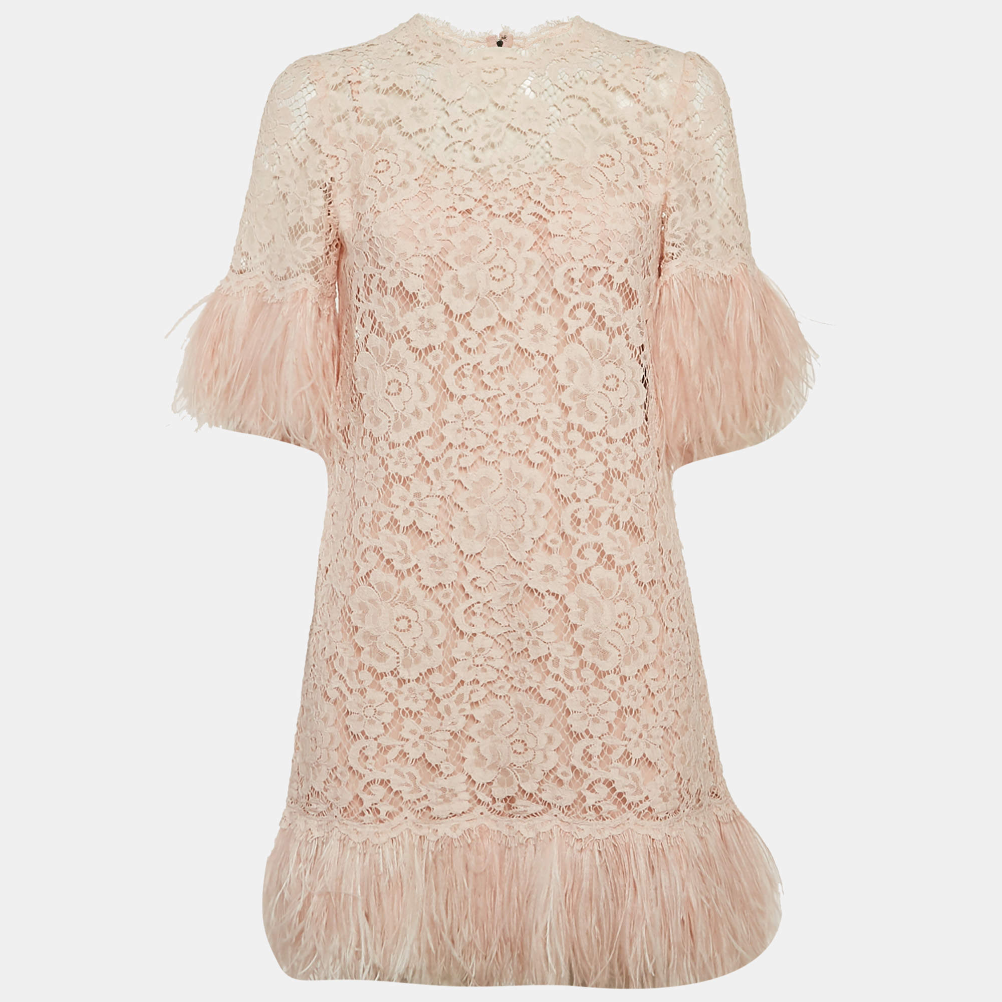 Pre Owned Dolce & Gabbana Pink Lace Feather Embellished Mini Dress S