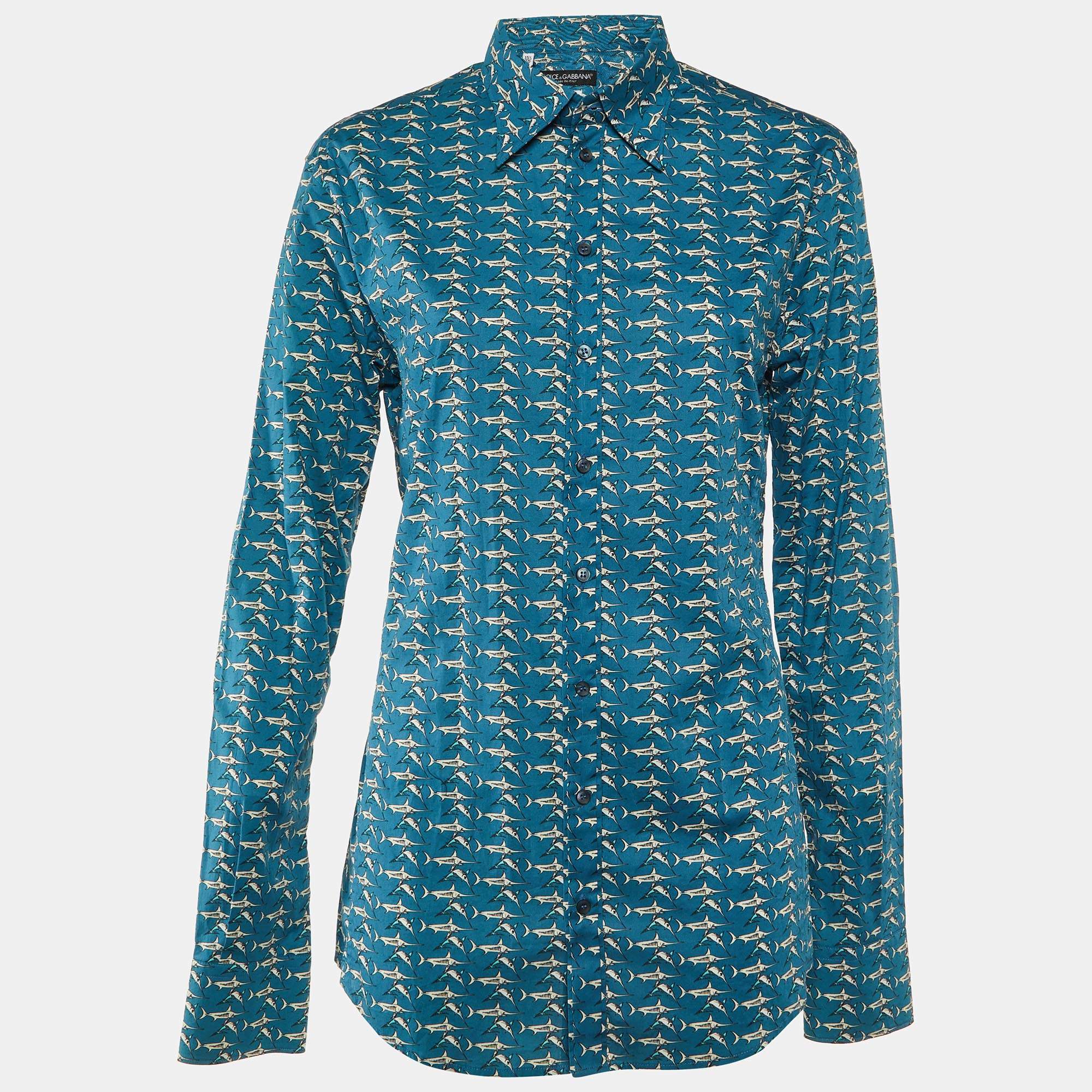 Pre Owned Dolce & Gabbana Blue Printed Cotton Sicilia Button Front Shirt M