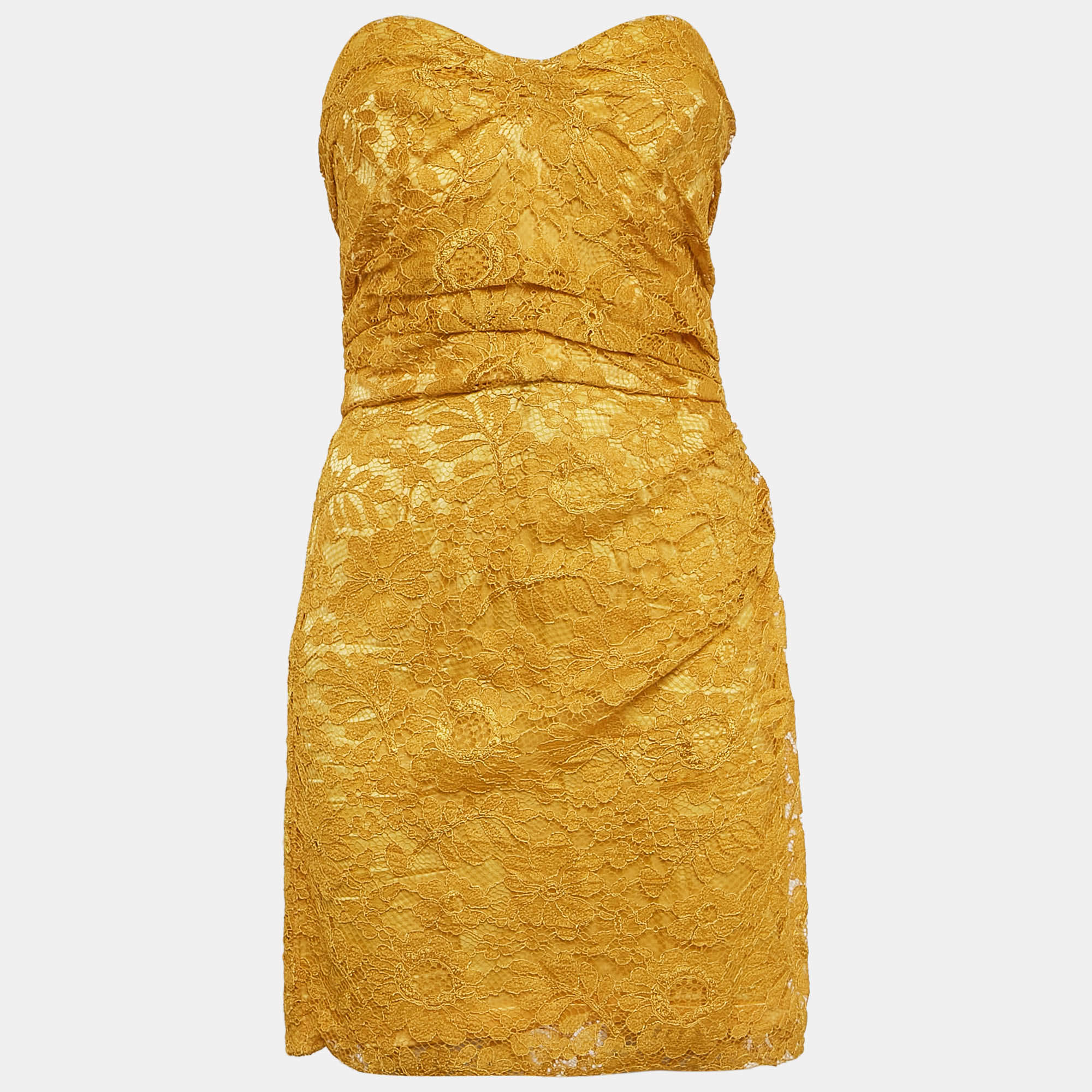 Dolce & Gabbana Yellow Lace Draped Strapless Mini Dress M