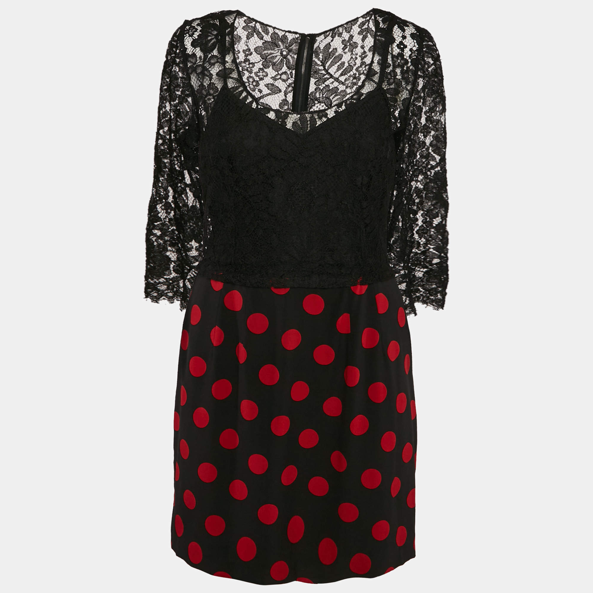 Pre Owned Dolce & Gabbana Black Lace and Polka Dot Print Silk Mini Dress M