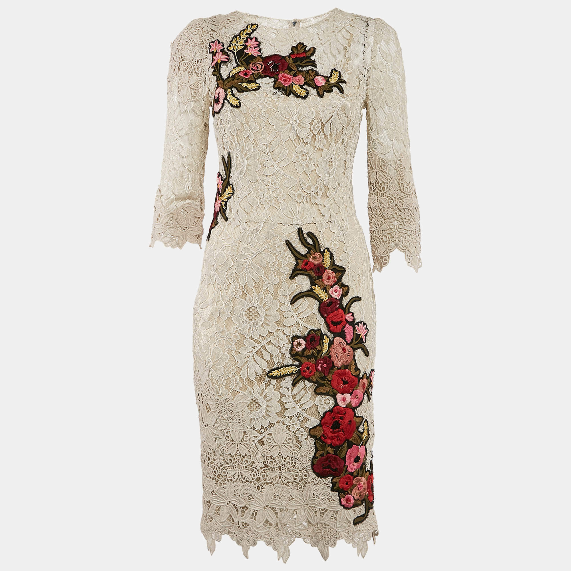 Pre Owned Dolce & Gabbana Light Beige Lace Floral Applique Detail Short Dress M