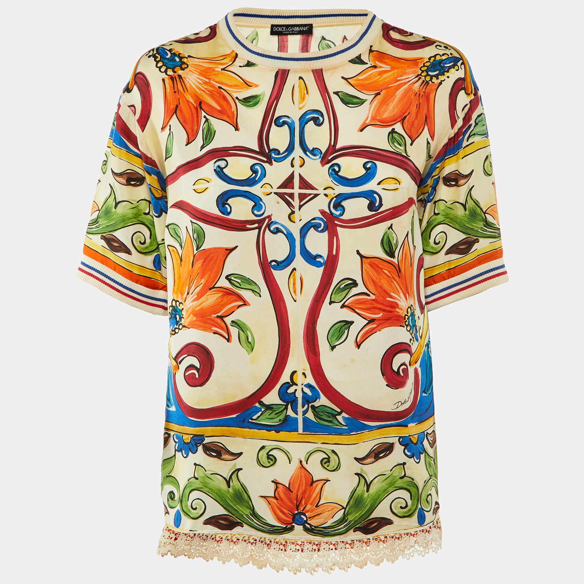 Dolce & Gabbana Multicolor Majolica Print Silk Lace Trim Top S
