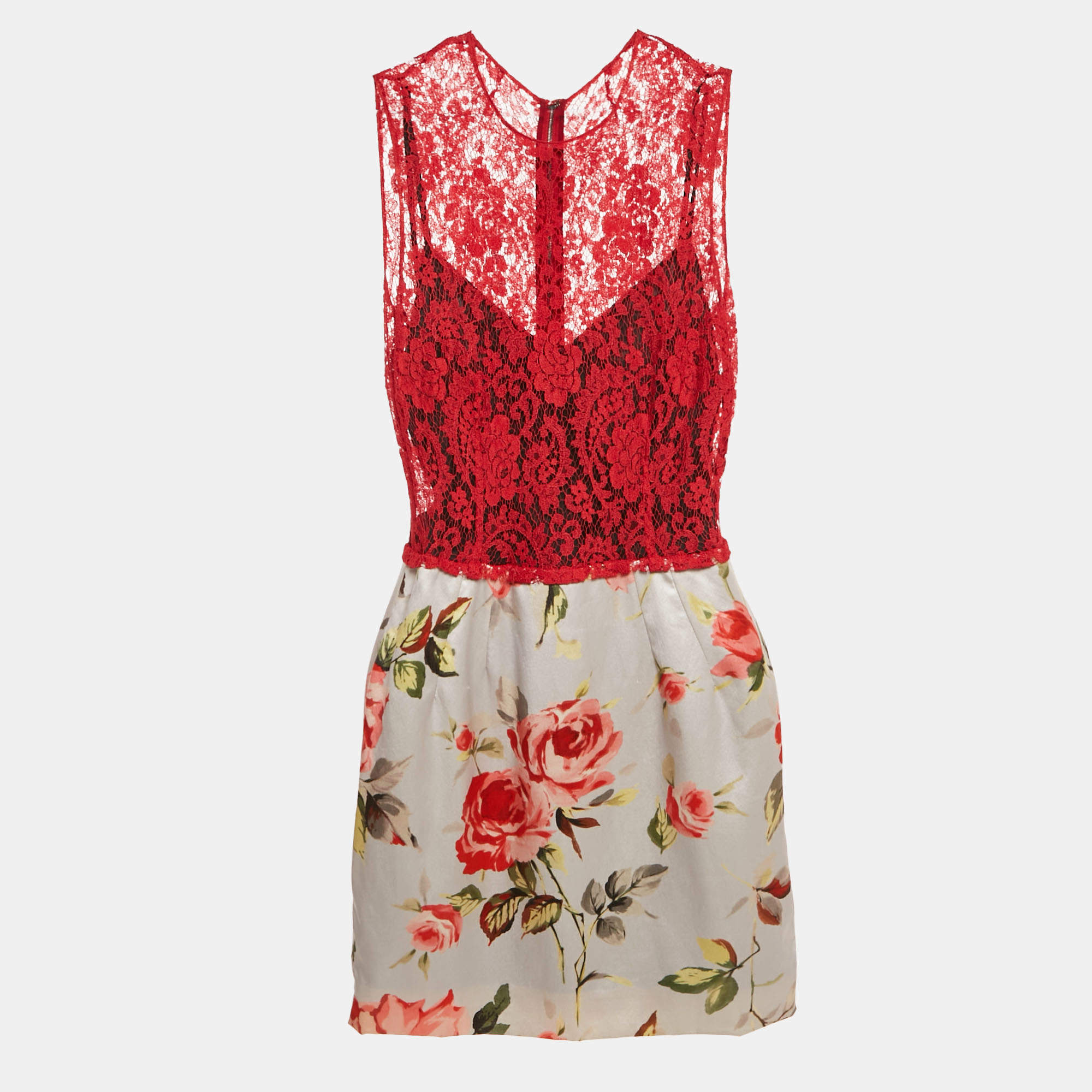 Dolce & Gabbana Red Lace and Floral Print Satin Mini Dress M