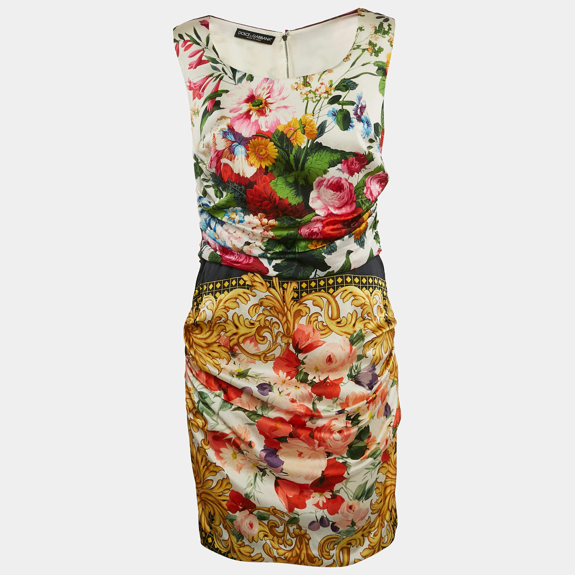 Pre Owned Dolce & Gabbana Multicolor Printed Satin Draped Sleeveless Short Dress L