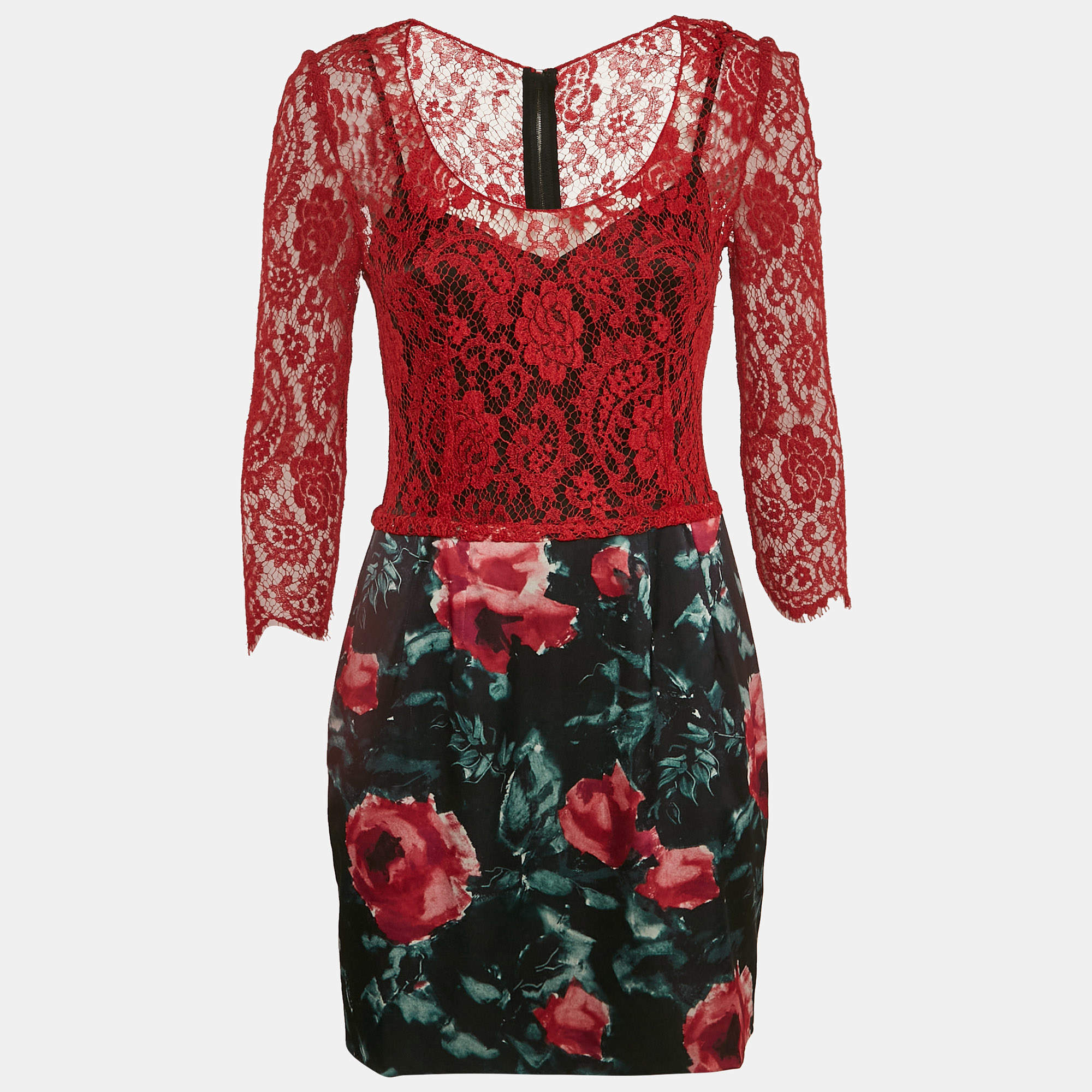 Pre Owned Dolce & Gabbana Red/Black Lace and Floral Print Crepe Mini Dress M
