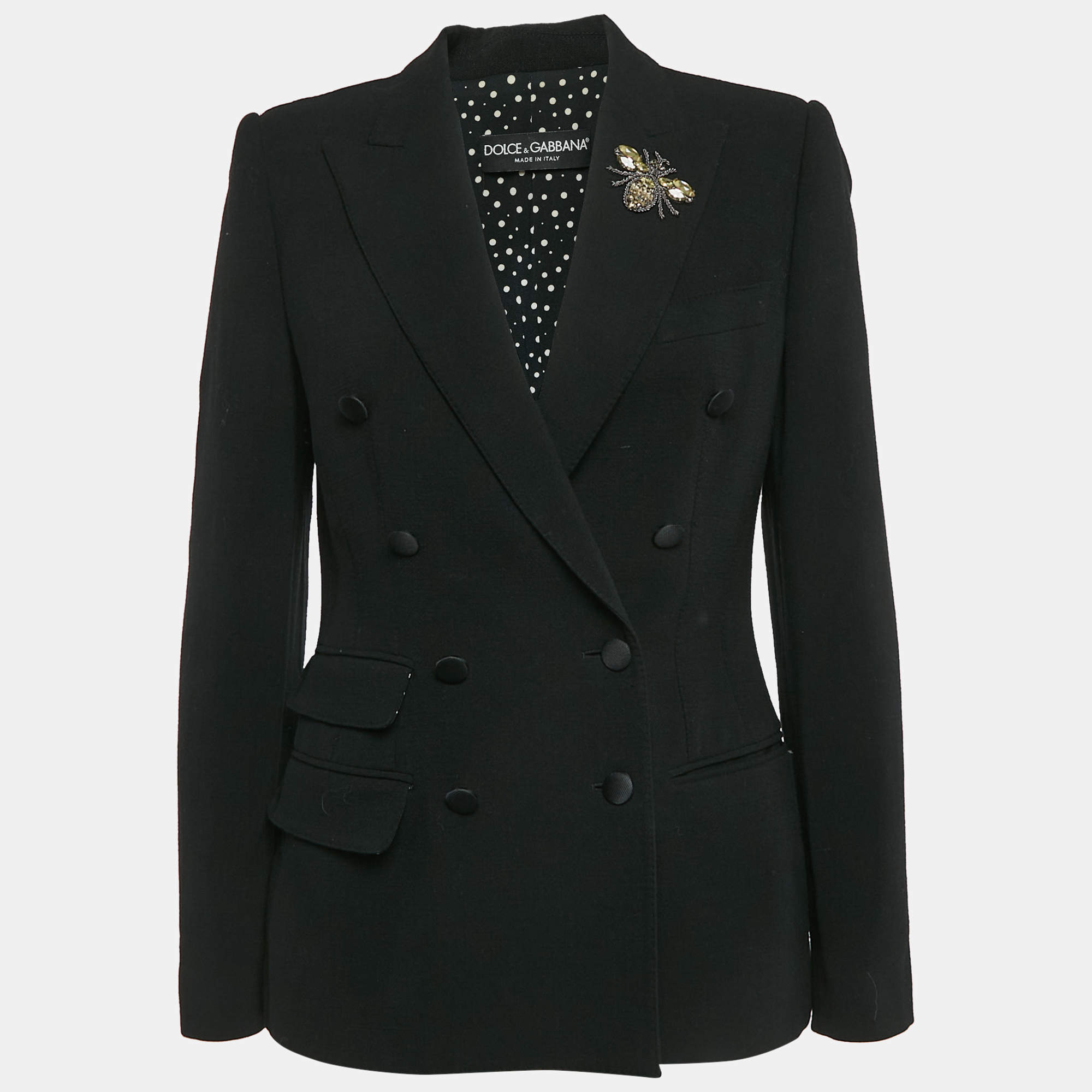 Pre Owned Dolce & Gabbana Black Bee Embroidery Wool Double Breasted Blazer M