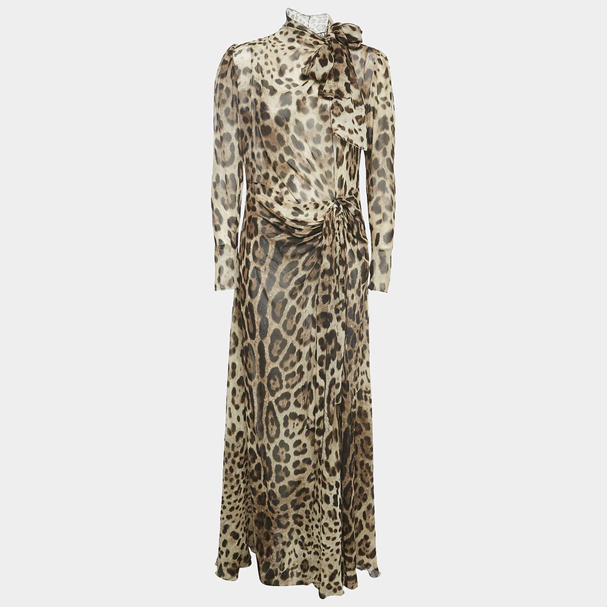 Dolce & Gabbana Brown Leopard Print Silk Maxi Dress M