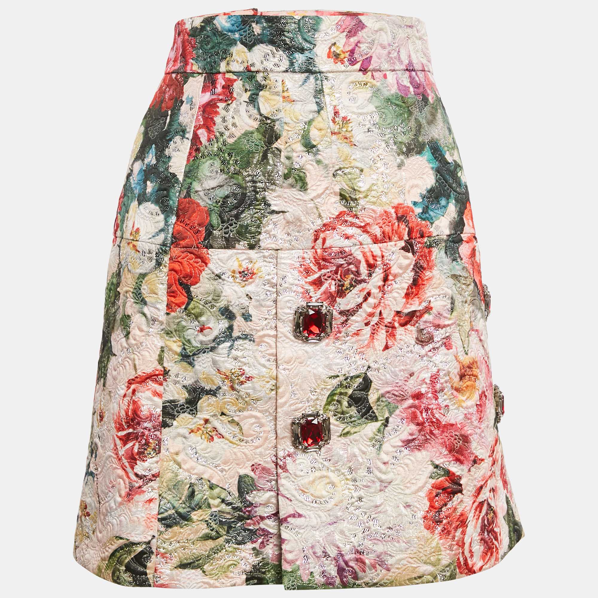Dolce & Gabbana Multicolor Floral Print Lurex Jacquard Rhinestone Detail Mini Skirt S