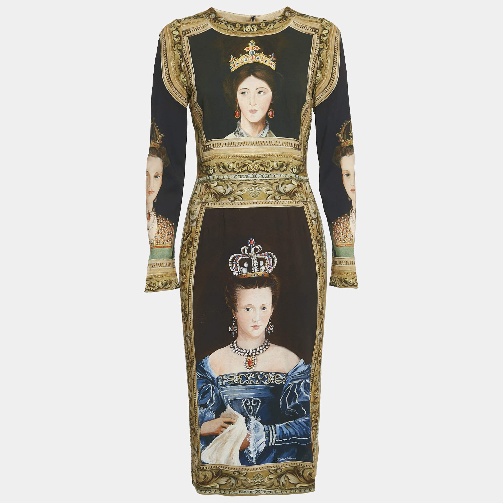 Pre Owned فستان دولتشي أند غابانا كريب طبعة ملكة بني ميدي مقاس متوسط - ميديام