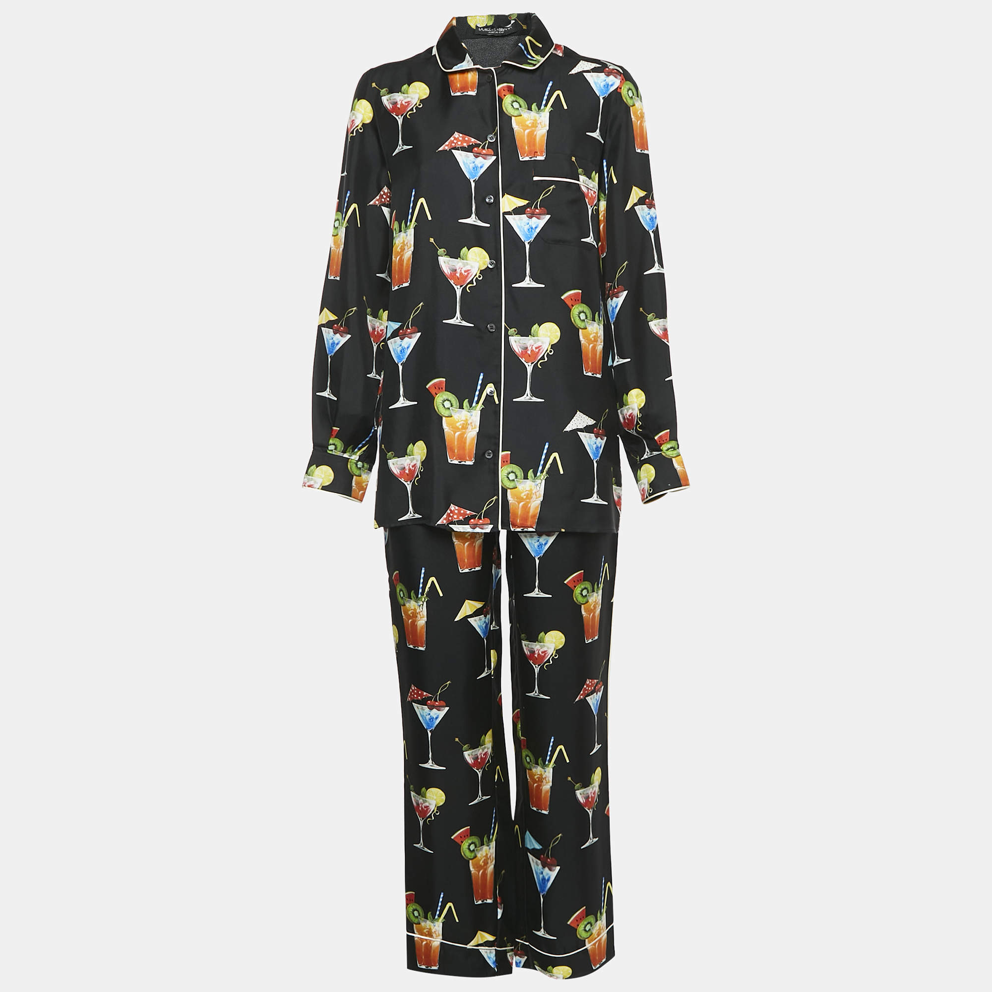 Pre Owned  Dolce & Gabbana Black Cocktail Print Silk Pajama Shirt and Pants Set S