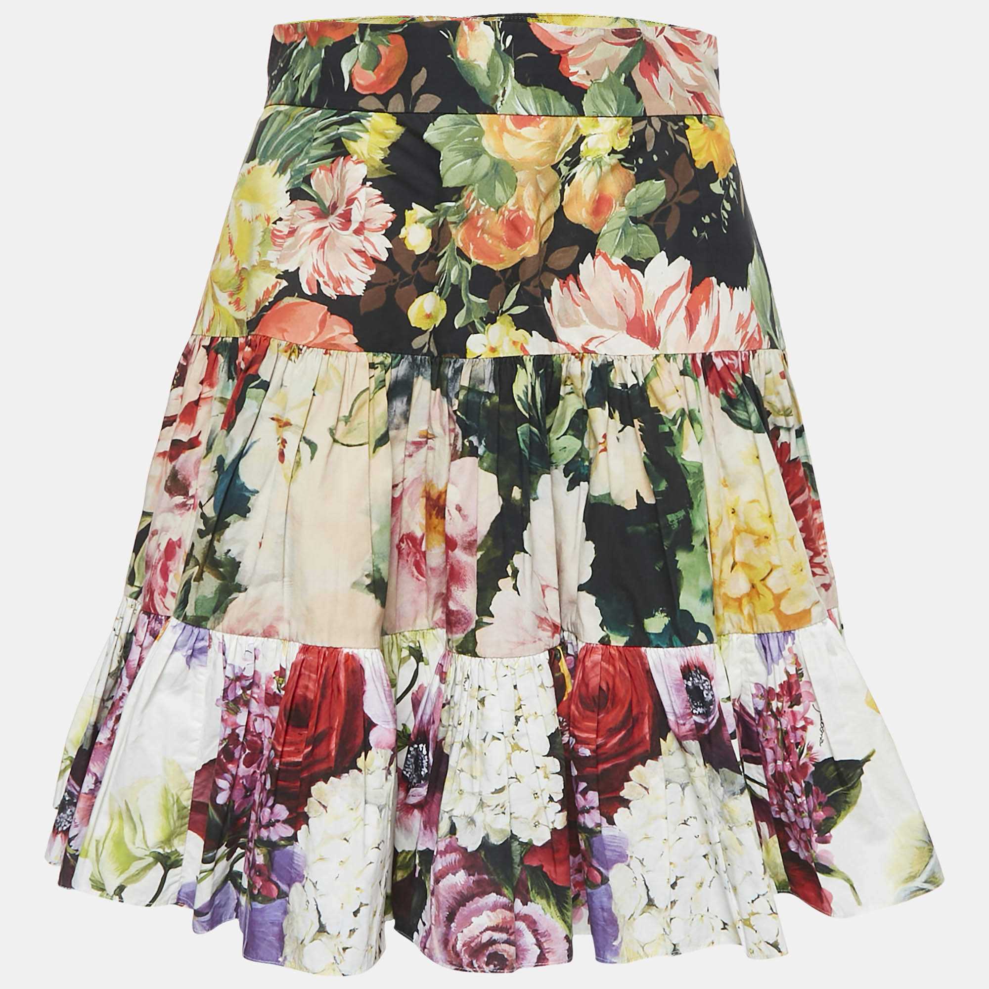 Pre Owned Dolce & Gabbana Multicolor Floral Print Cotton Tiered Mini Skirt S