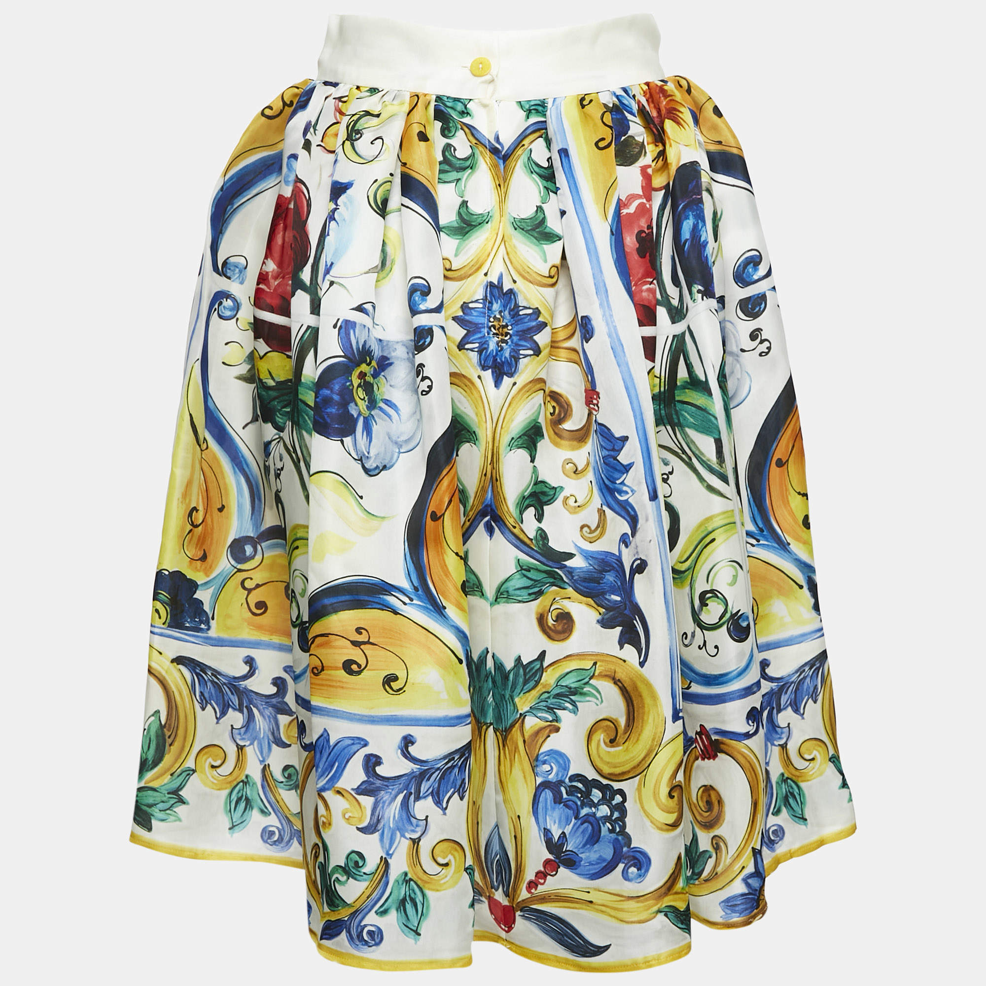 Pre Owned Dolce & Gabbana Yellow/Blue Majolica Print Silk Gathered Short Skirt S