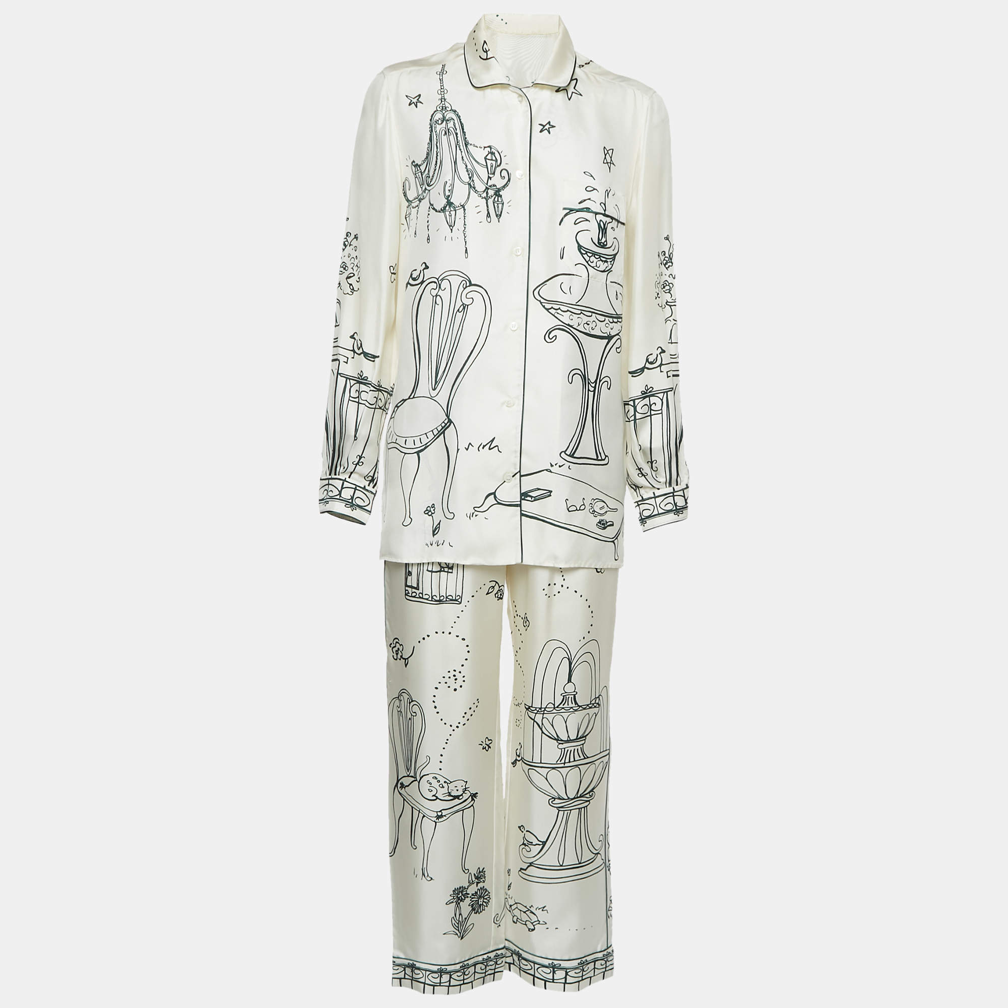 Dolce & Gabbana Off-White Cage Bird Print Silk Pajama Top and Pants Set S