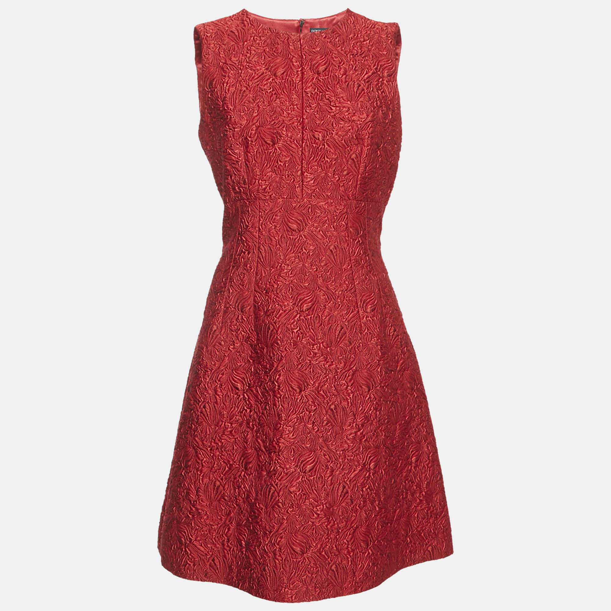 Pre Owned Dolce & Gabbana Red Jacquard Sleeveless Short Dress M