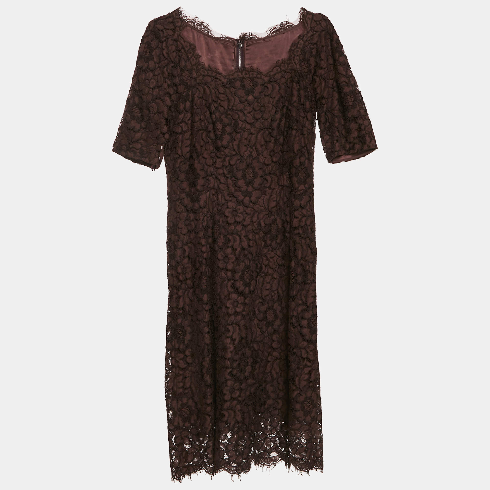 Pre Owned Dolce & Gabbana Brown Corded Lace Long Sleeve Midi Dress M