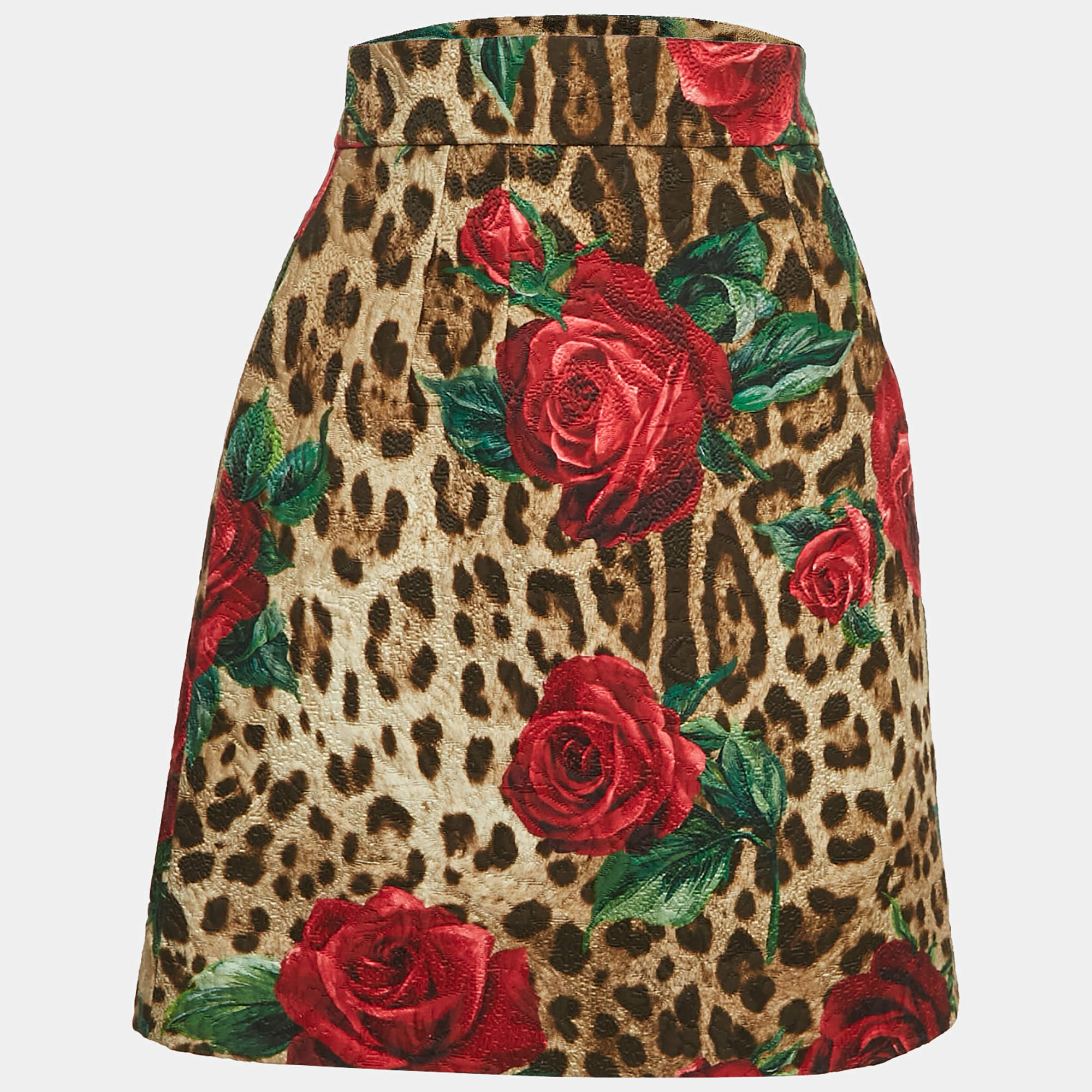 Dolce & Gabbana Brown Leopard and Rose Print Jacquard Mini Skirt S