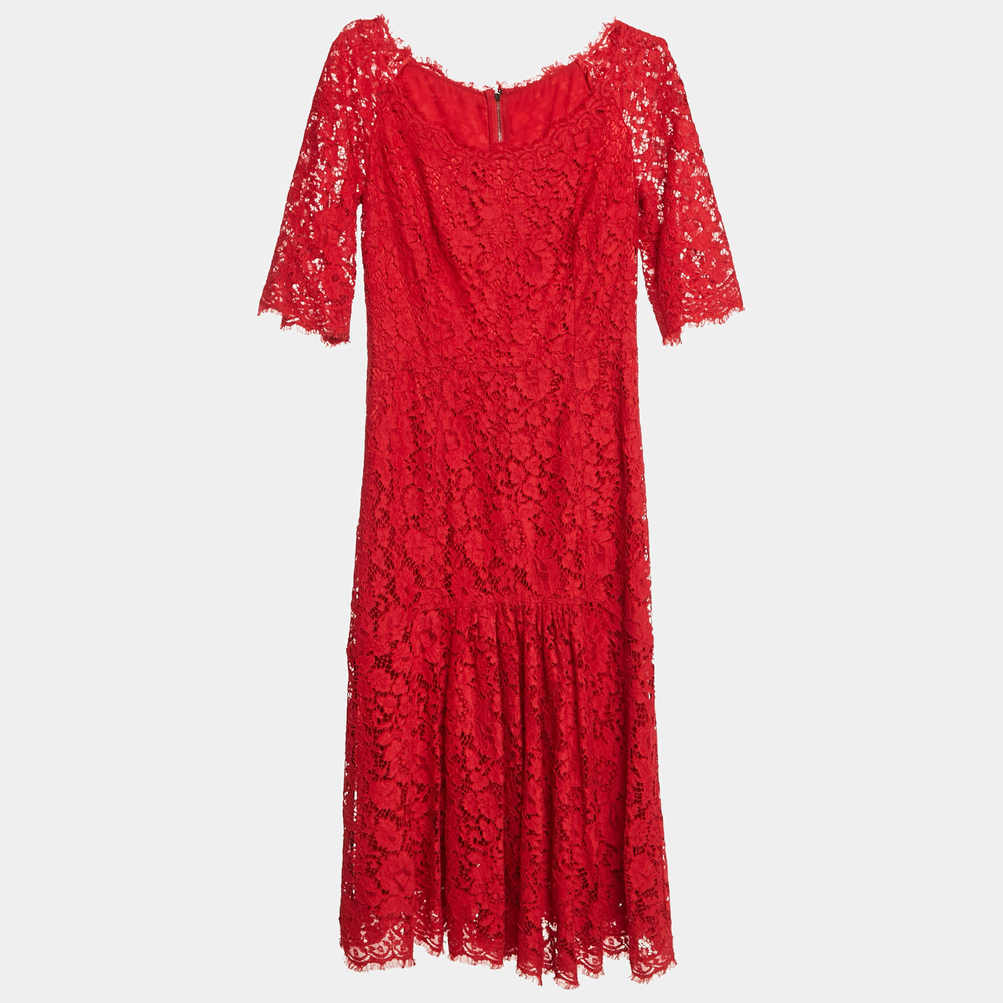 Dolce & Gabbana Red Lace Short Sleeve Midi Dress M