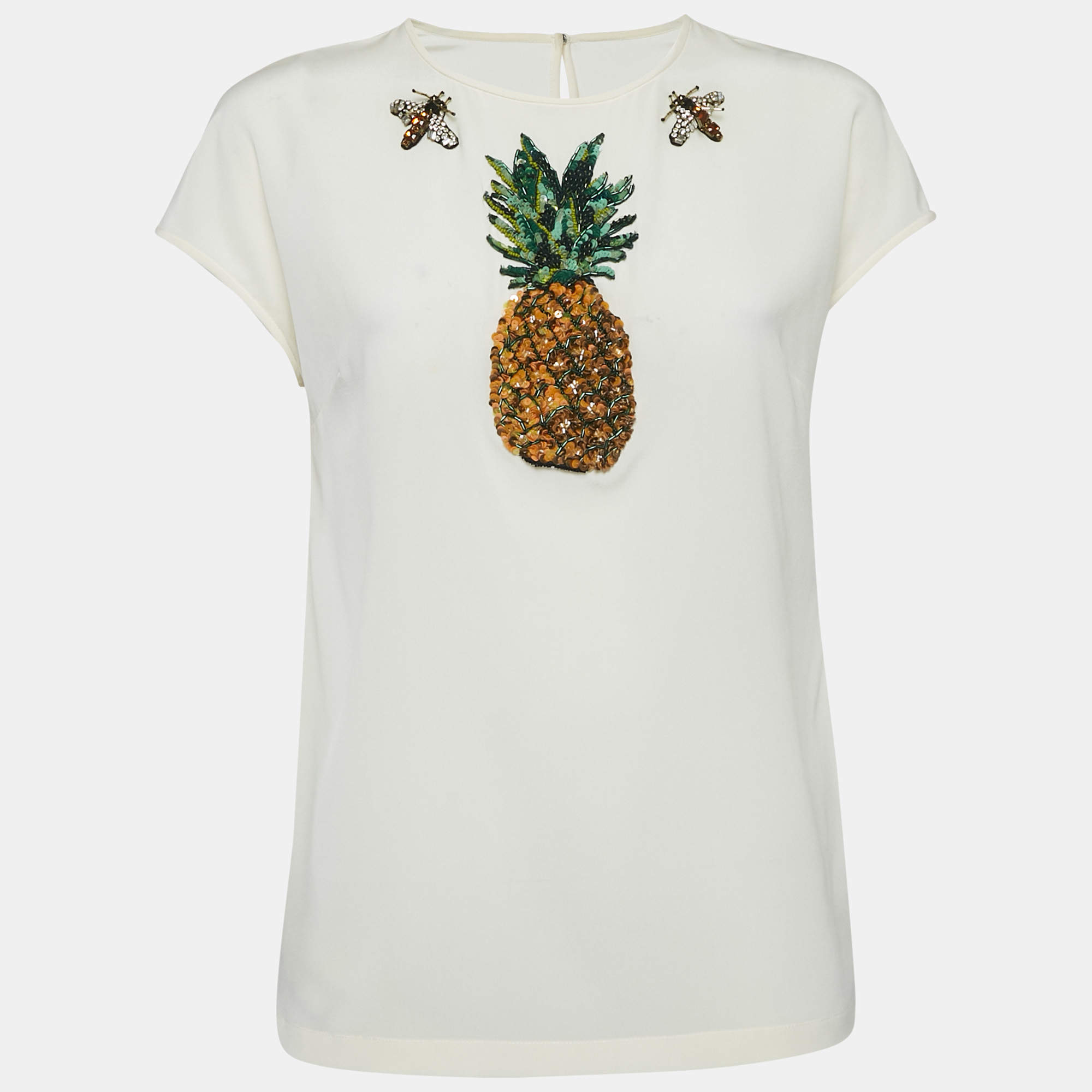 Pre Owned Dolce & Gabbana Off-White Embellished Silk Top S