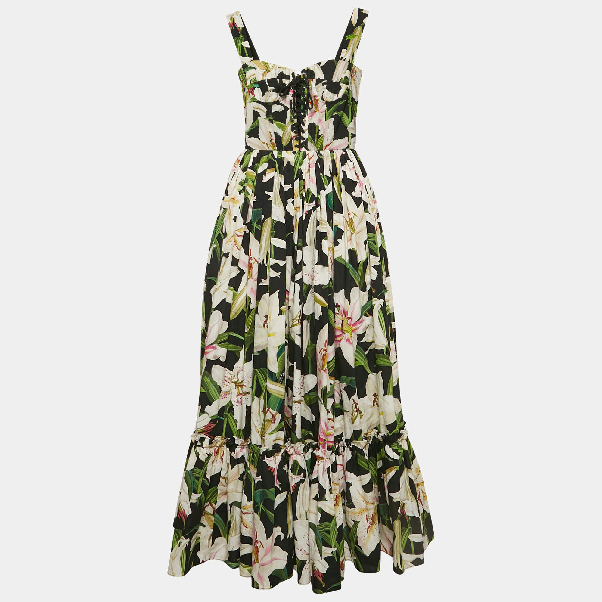 Pre Owned Dolce & Gabbana Black Floral Print Poplin Lace-Up Corset Midi Dress XS