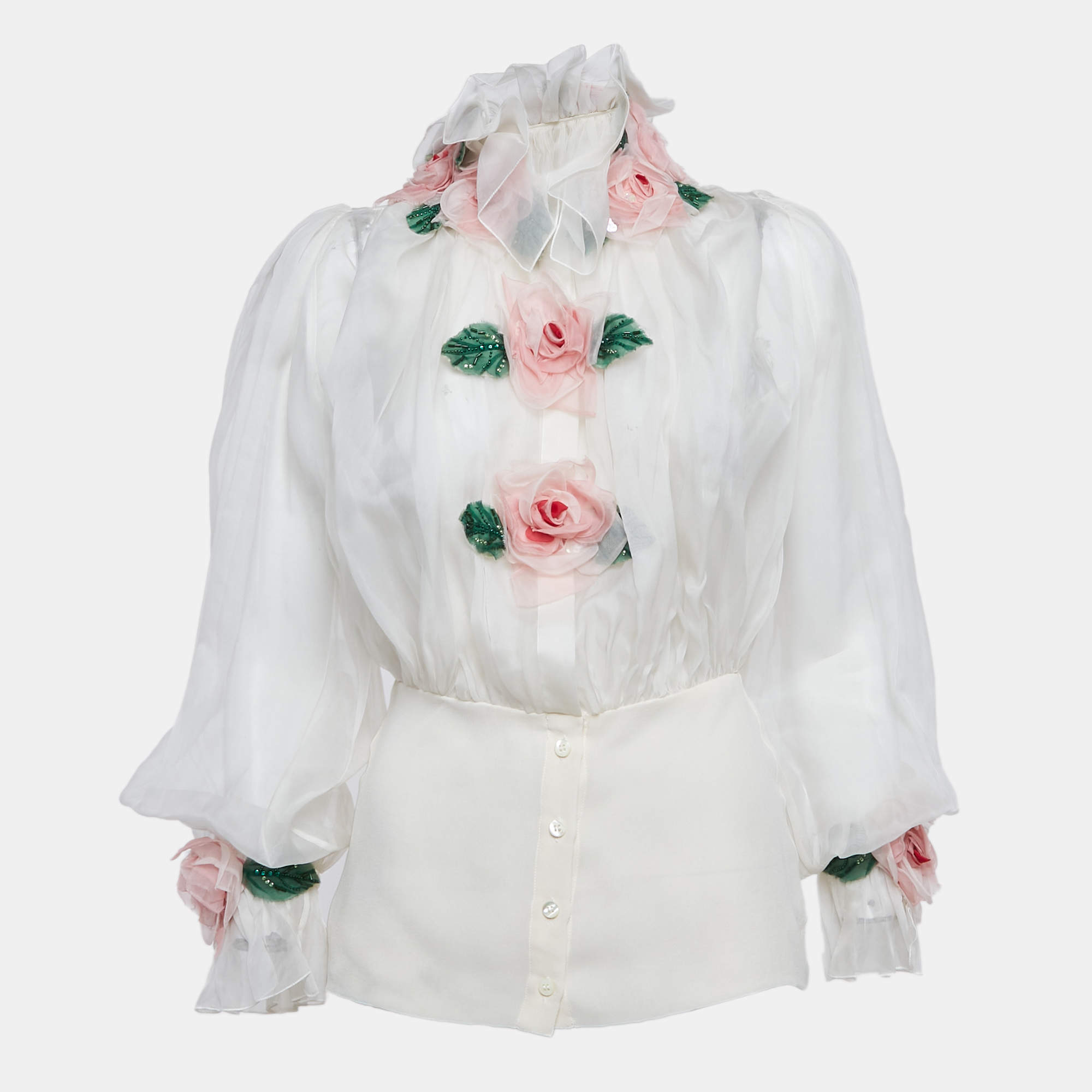 Dolce & Gabbana White Floral Applique Organza Silk Sheer Blouse XS