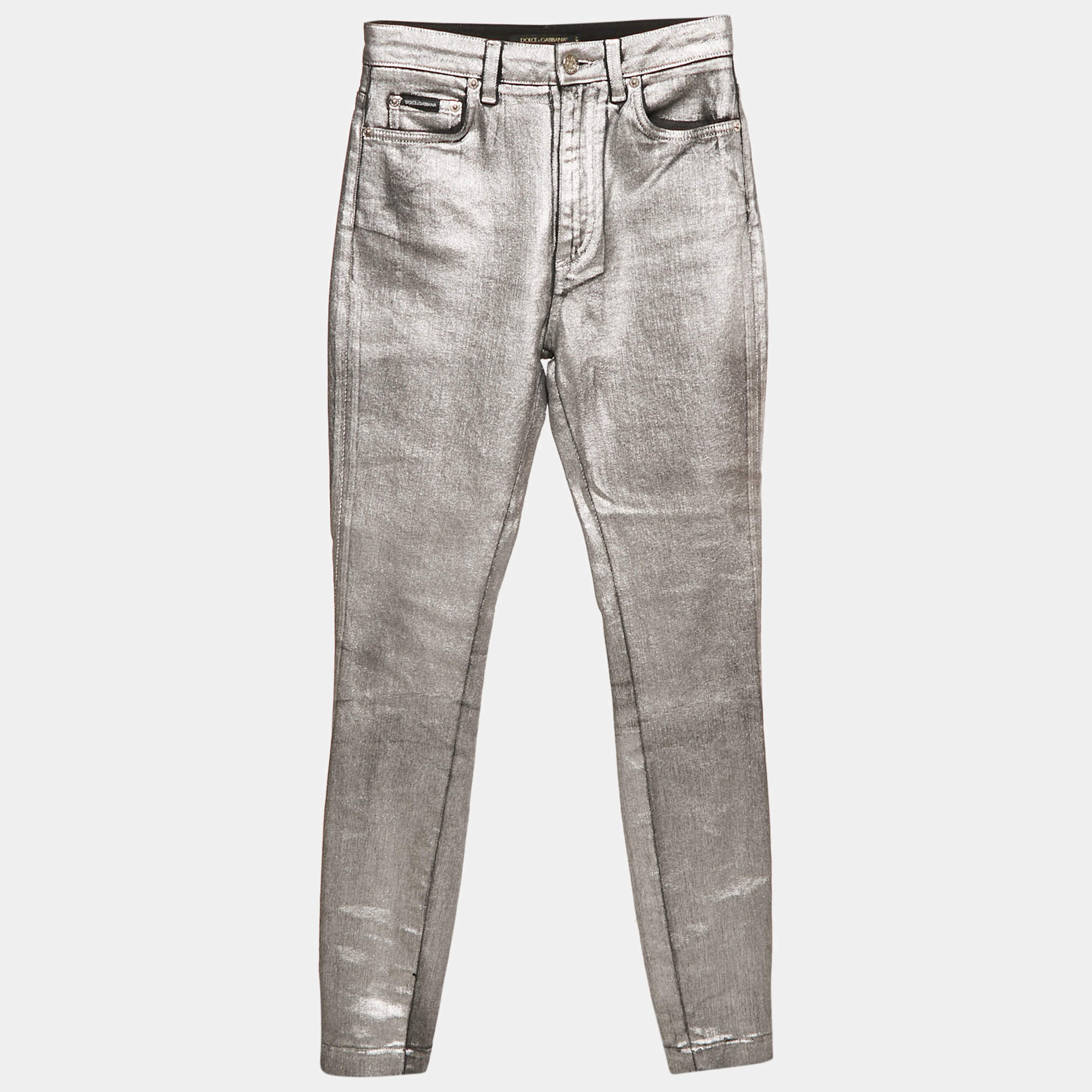 Pre Owned Dolce & Gabbana Silver Coated Skinny Jeans S Waist 26"